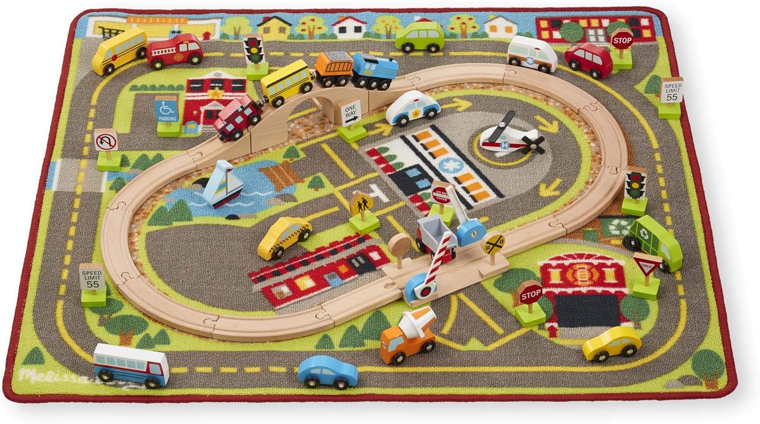 Top Brands Melissa & Doug Deluxe Multi-Vehicle Activity Rug (39.5 x 36.5) - 19 Vehicles, 12 Wooden Signs, Train Tracks