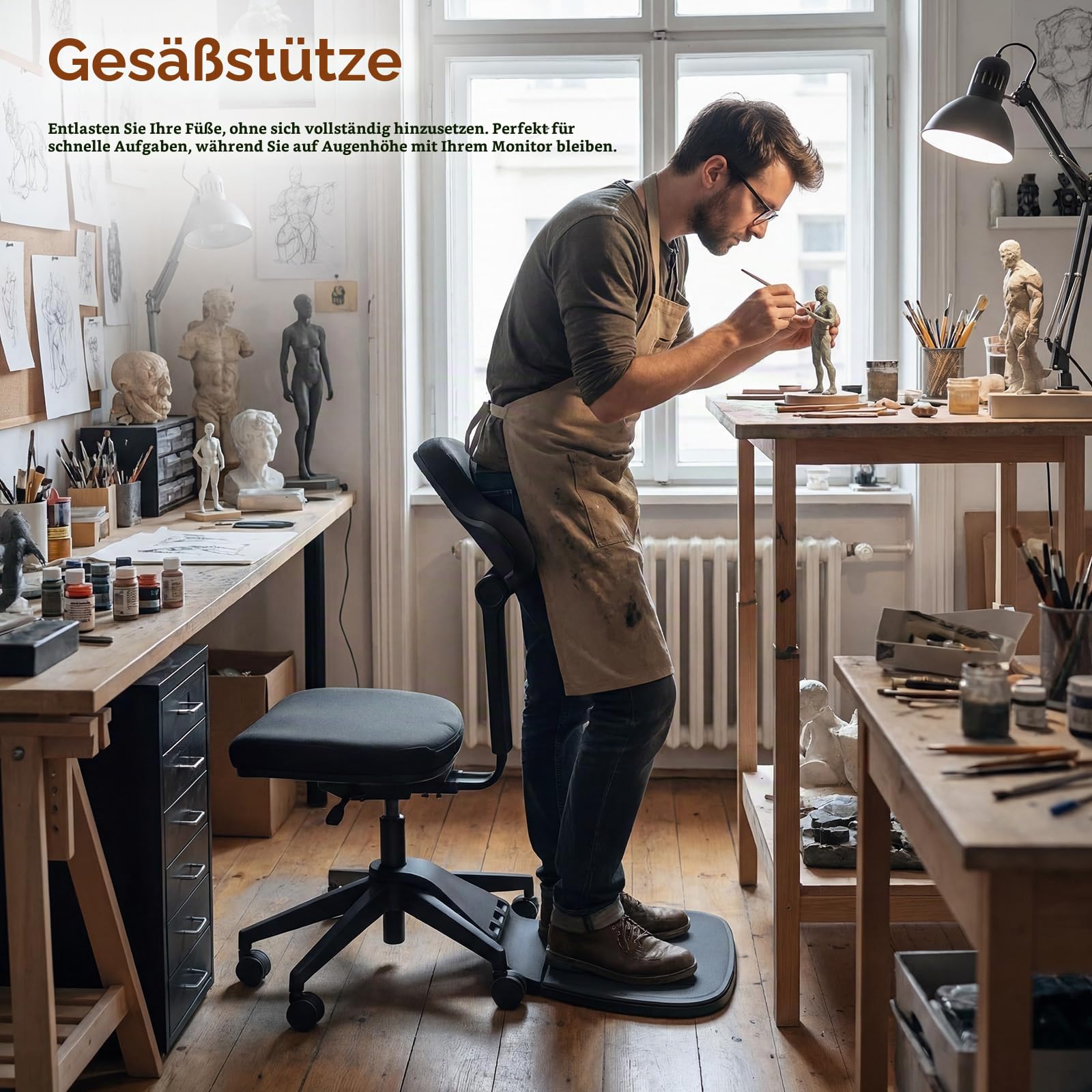 Newtral MT-M Ergonomischer Stehsessel mit Anti-Ermüdungsmatte, 6-in-1 Sitzhocker für Sitz-Steh-Wechsel, Höhenverstellbarer Bürostuhl für Stehpult, Verstellbare Rückenlehne & Sitztiefe