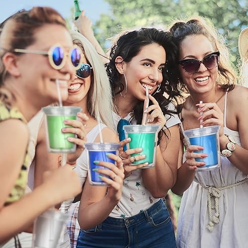 Miniatura 7 de FoldTier 6 vasos transparentes con tapa y popote para niños, vaso de doble pared de acrílico aislado de 12 onzas, vasos reutilizables de plástico