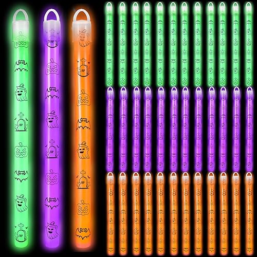 Miniatura 7 de Libima Juego de 36 collares de 8 pulgadas con palitos brillantes de Halloween con tapas y cordones brillantes de calabaza de araña brillante que