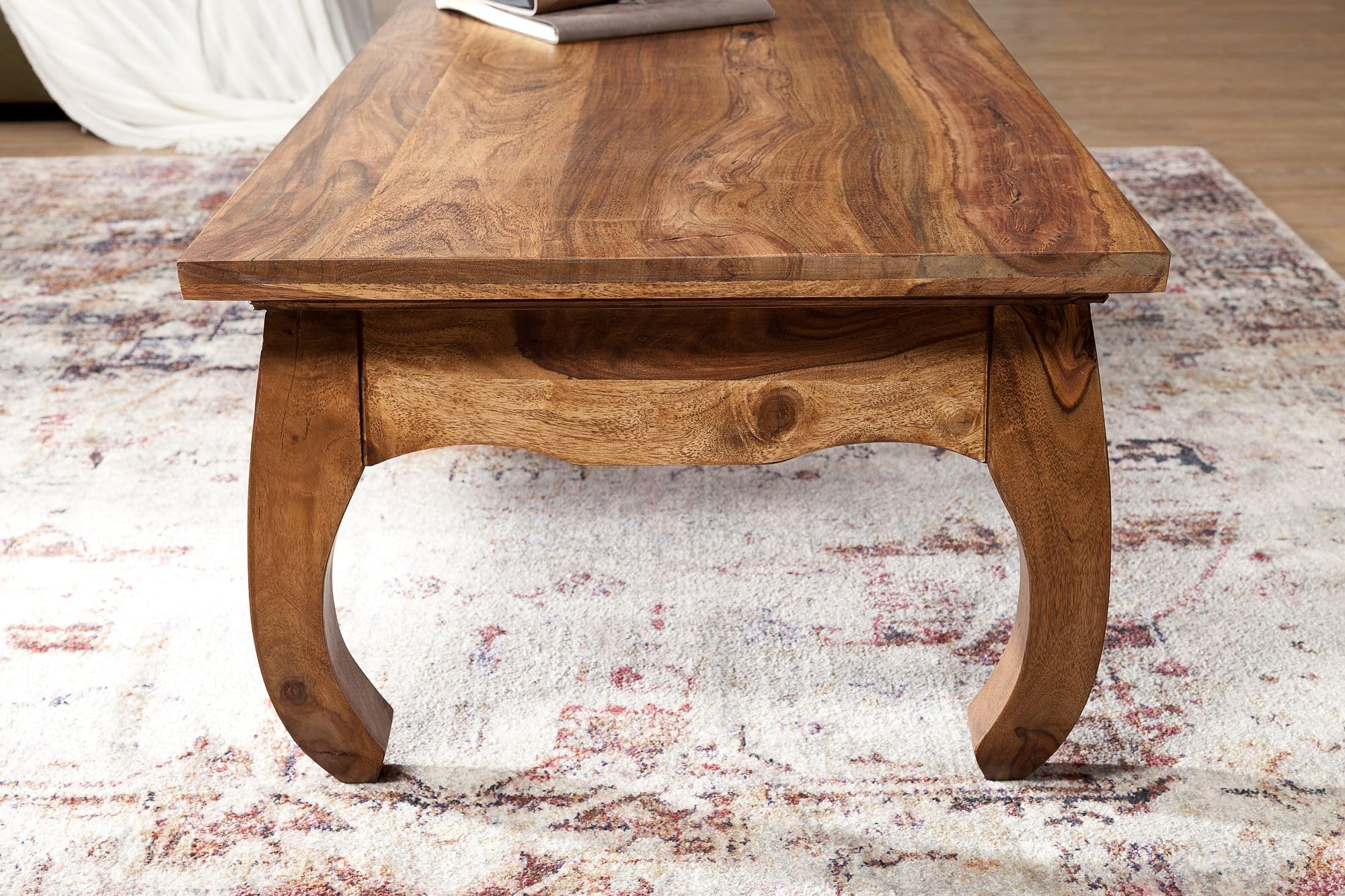 FineBuy Mesa de Centro Oriental Rectangular 110x60x40 cm Madera Maciza de Sheesham | Mesa Auxiliar para Salón | Mesita Café para Sofá | mesa de salón con patas curvadas, punta de sofá de madera auténtica estilo campaña, pieza única hecha a mano