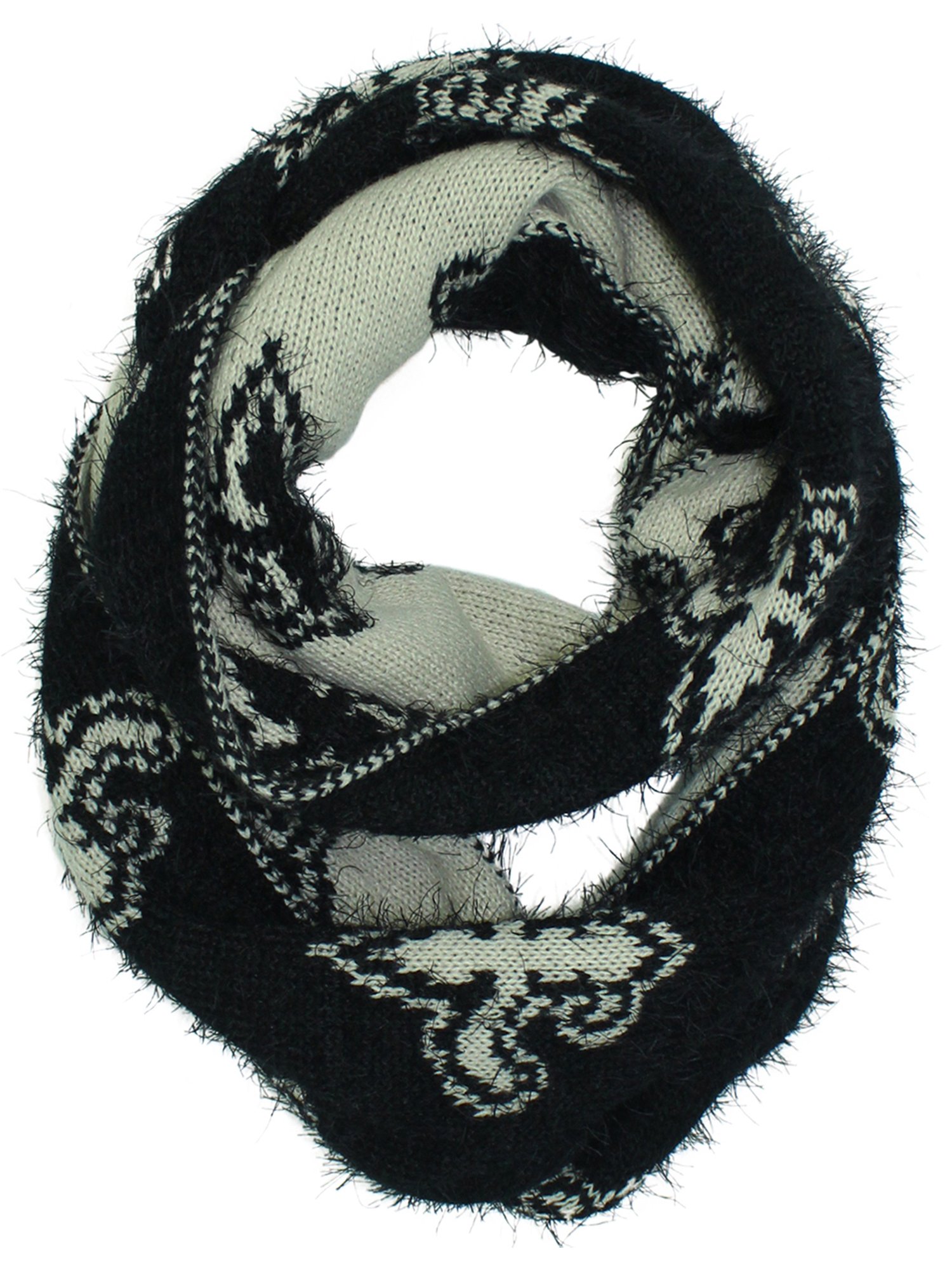 Black White Fleur De Lis Fuzzy Winter Infinity Scarf