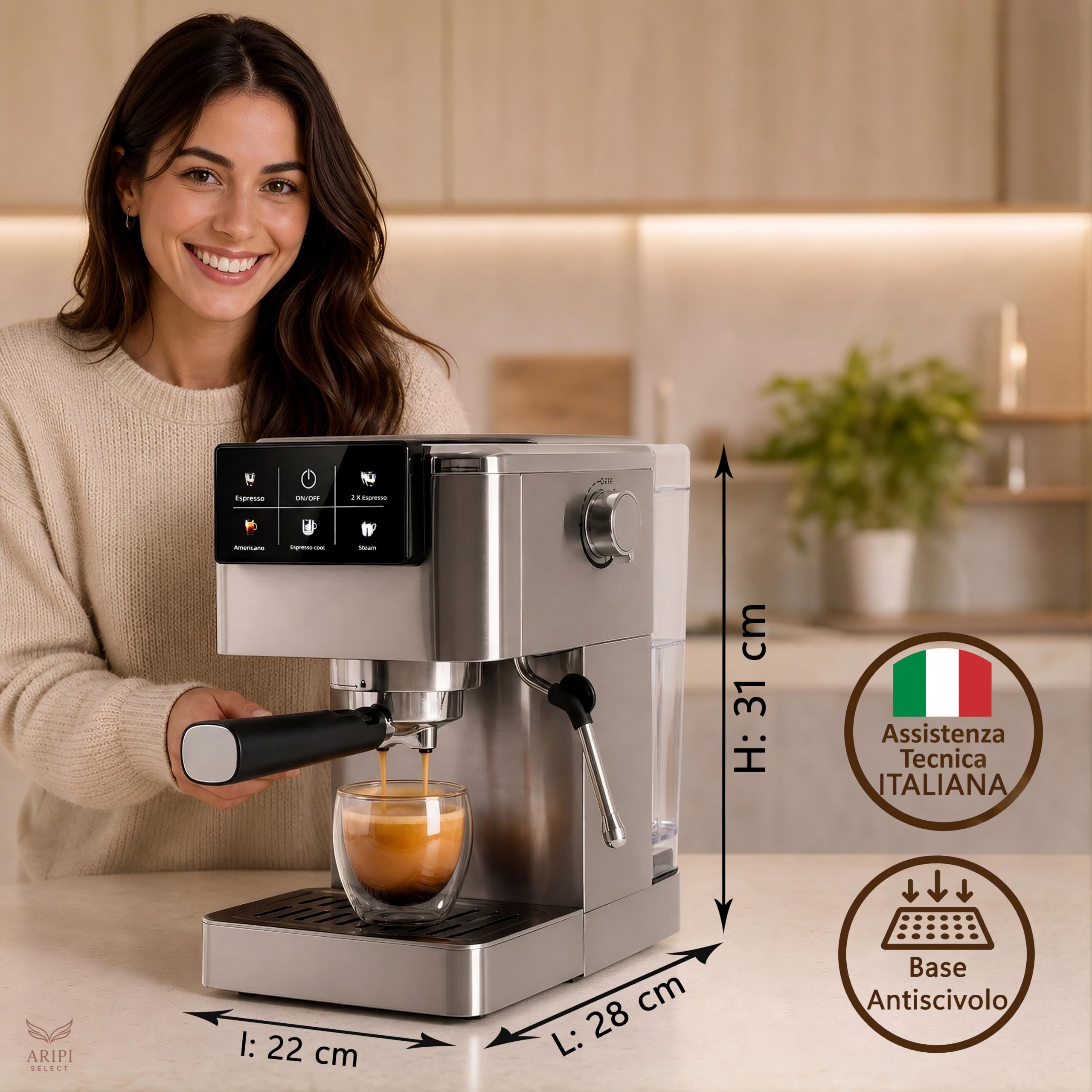 Macchina Caffè Polvere e Cialde AD 4390, Macchina Caffè Macinato da 20 Bar, Sistema Riscaldamento Rapido 20s e Controllo PID, Funzione Espresso Cool, Acciaio Inossidabile, Montalatte Integrato
