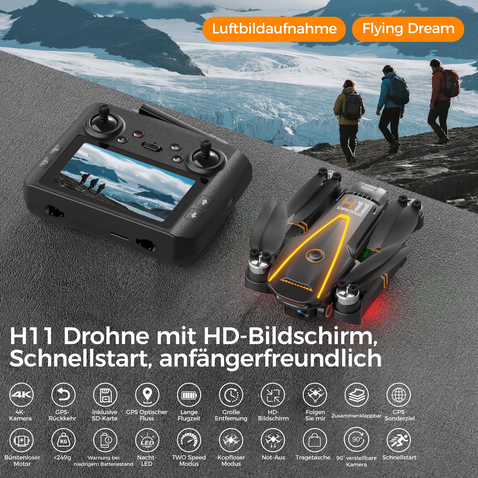 GPS drohne mit kamera EIS 4K für anfänger&kinder,4.5''HD-Bildschirm FPV RC mini Drone mit follow me funktion,Erwachsene quadrocopter mit 2 Akkus,Fernübertragung,automatischer Rückkehr,C0
