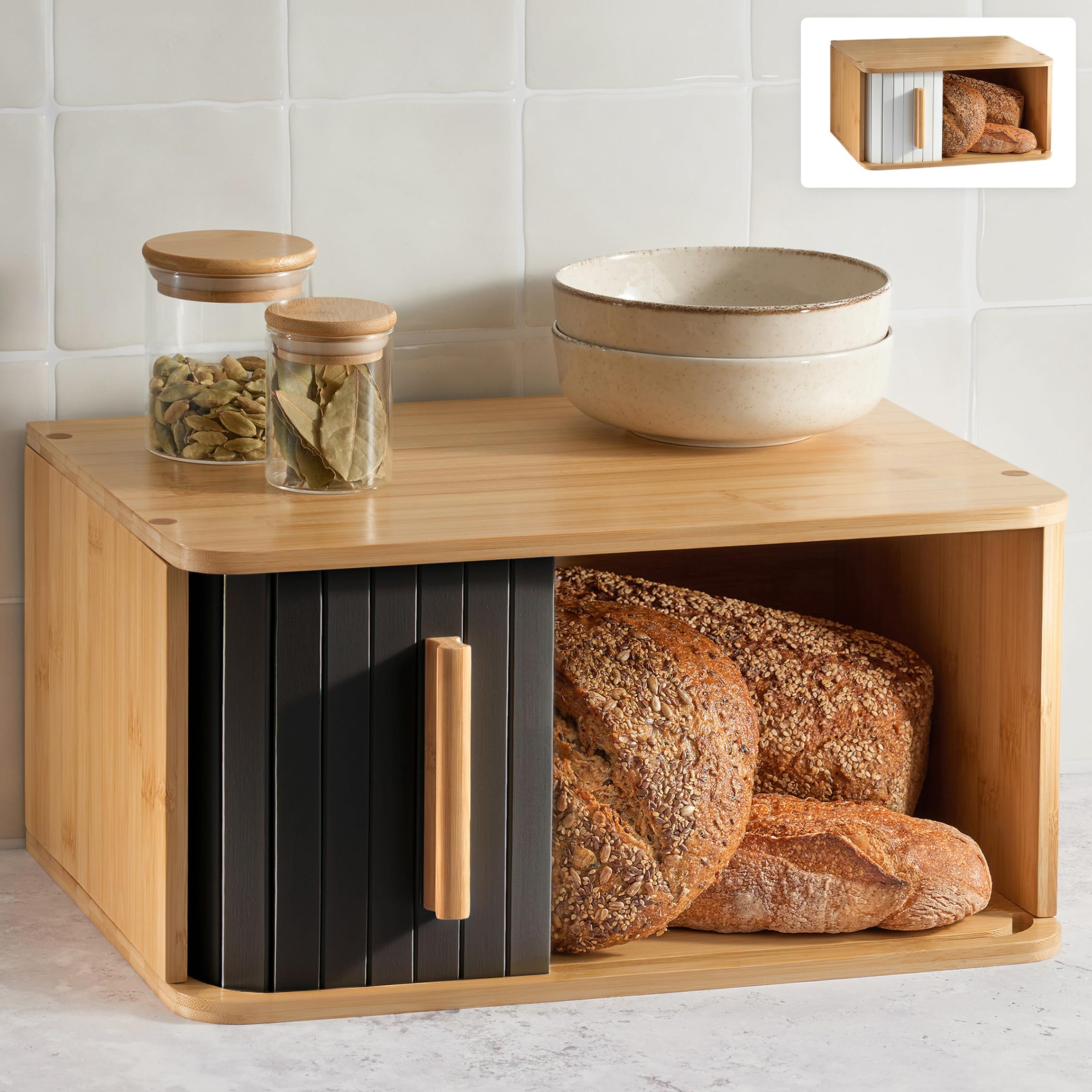 Praknu Portapane Moderno in Legno FSC® Grande con Porta Scorrevole - Cassetta Portapane da Cucina 40 x 28 cm - Salva spazio - per Mantenere Il Pane Croccante - Nero