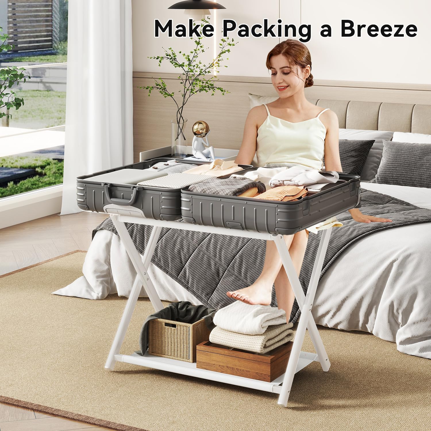 IBUYKE Luggage Rack Foldable Suitcase Stand with Storage Shelf White