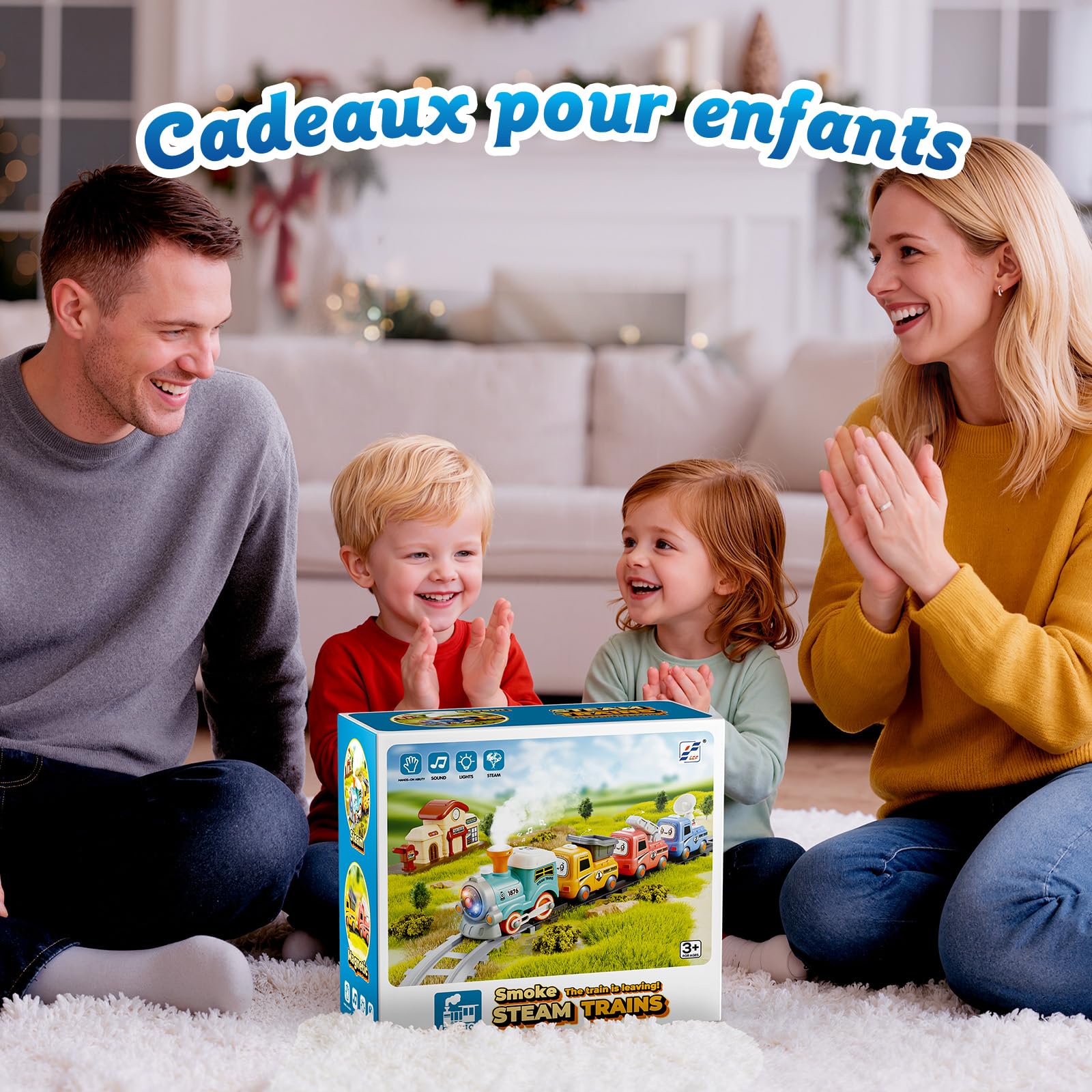 Hot Bee Train Electrique Enfant 3 4 5 6, Petit Circuit Train Vapeur Electrique 3+ Ans, 3 Véhicules D'ingénierie à Fixation Magnétique, avec Lumières et Effets Sonores, avec Piste Elliptique, Village