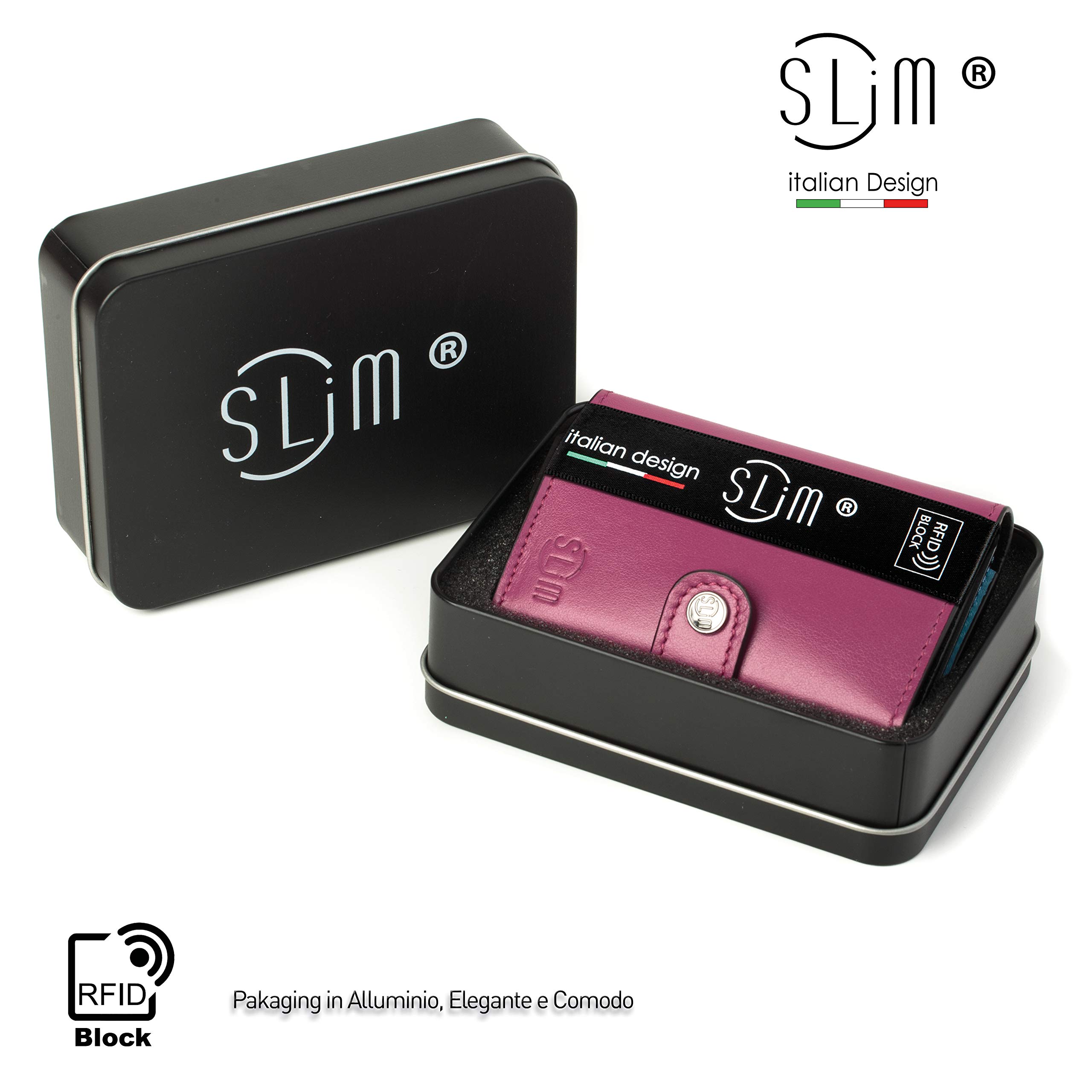SLim Porta Carte di Credito Schermato Portafoglio Uomo Rfid Portatessere Anticlonazione Donna Portacarte Uomo (Fucsia e Celeste, Con Zip)