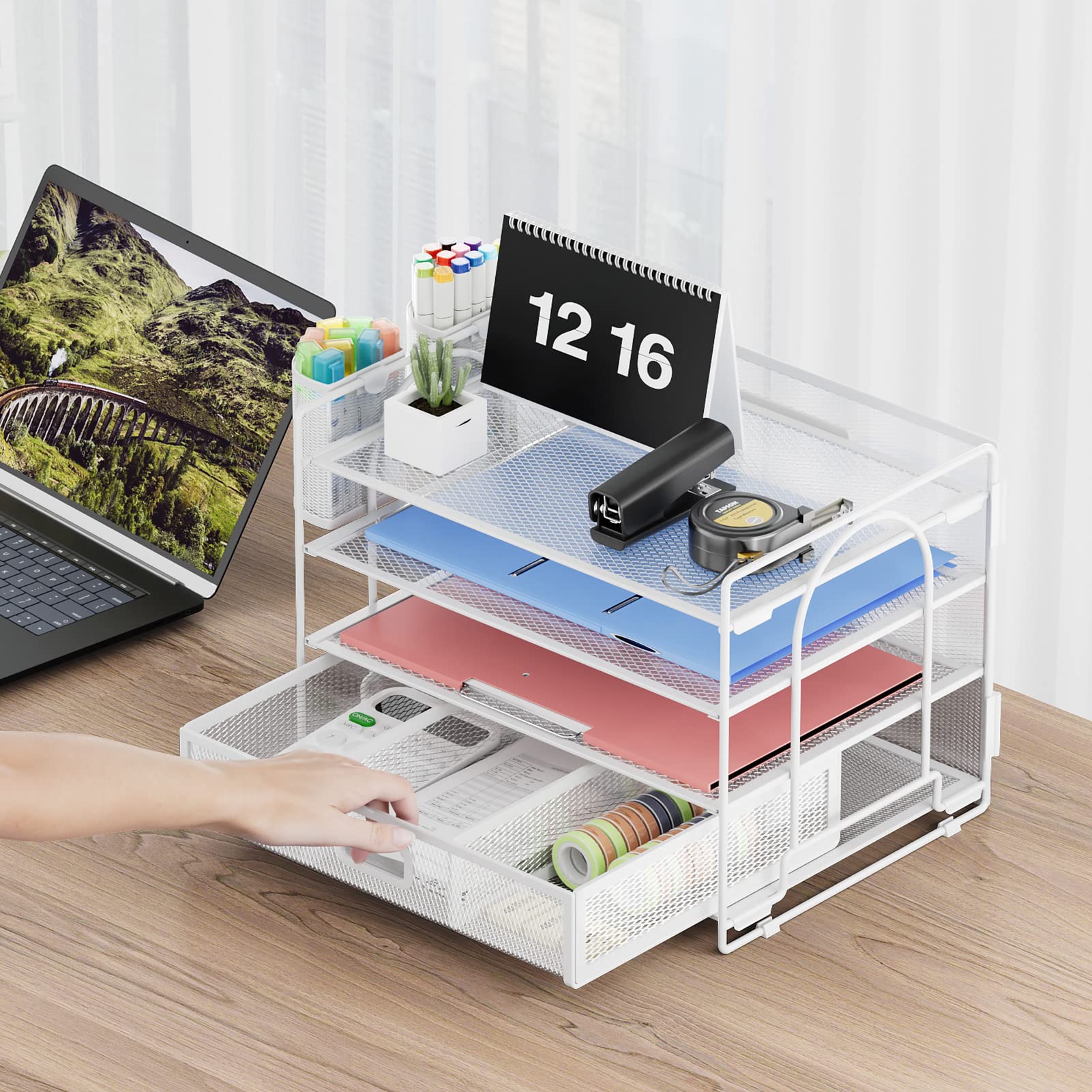 Marbrasse Organizer da scrivania a 4 vassoi con 2 portapenne, porta documenti da appendere da scrivania con cassetto, organizer per lettere di carta, forniture per ufficio in rete, organizer per carta