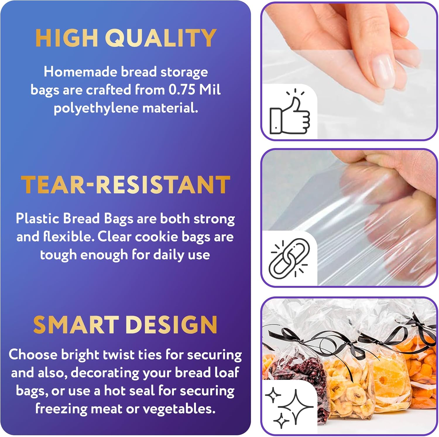 Clear Gusseted Poly Bags, 10 x 8 x 24 Inch. 100 Pack Plastic Bread Bags for Homemade Bread. Waterproof 0.75 Mil Polyethylene Flat Bottom Bag. Tear-Resistant Clear Baggies with Open Top