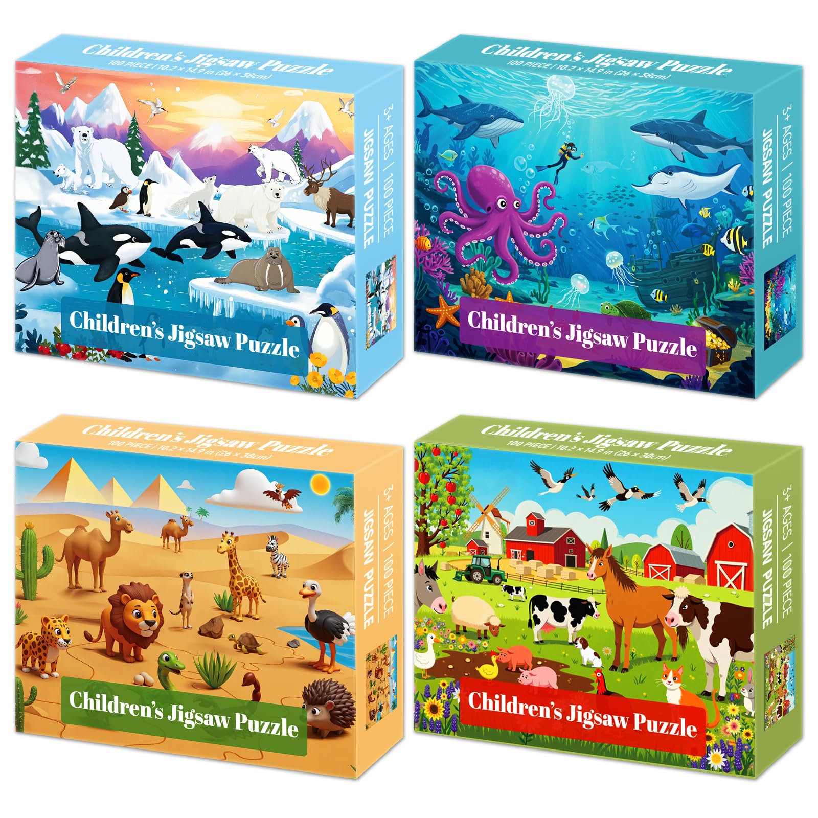 4-Pack 100 Piece Puzzles for Kids Ages 4-6 6-8 8-10 10-12, Farm Desert Polar Seaworld Kids Puzzles Ages 3-5 4-6 5-8 8-10, Learning Educational Jigsaw
