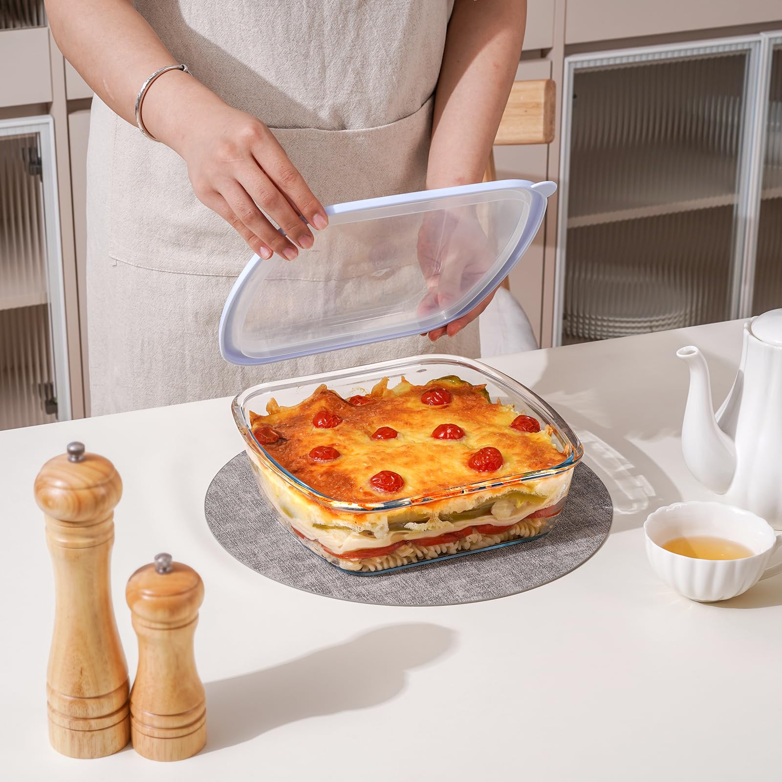 NUTRIUPS Teglia da forno in vetro con coperchi senza BPA, teglia quadrata in vetro per forno lavabile in lavastoviglie, teglia per lasagne, risotti (blu, 2,6 l)