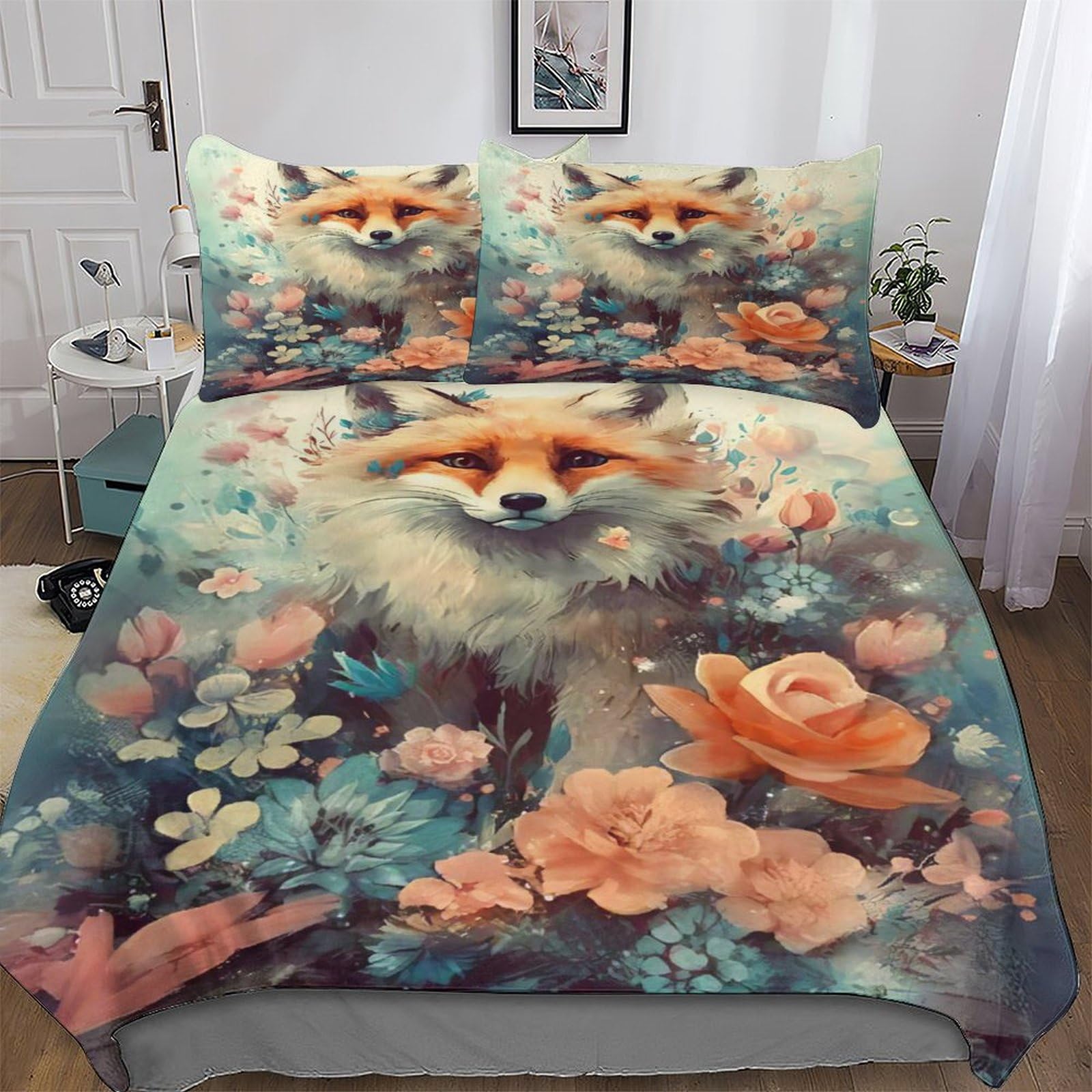 Housse de couette renard 220x240cm avec taie d'oreiller en microfibre douce