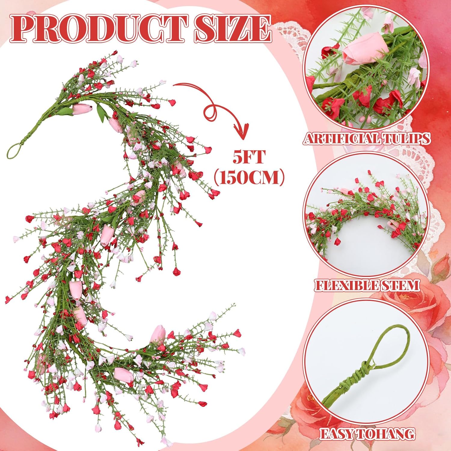 5 ft Valentine Tulip Garland for Mantel Pink Floral Garland with Tuilps Heart Berry Decorations for Valentine's Day Indoor Wedding Party Stairs Table Fireplace