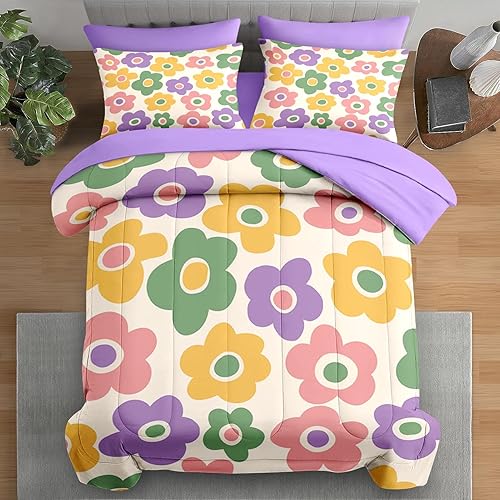 Juego de edredón tamaño Twin, diseño de flores vintage de los años 70, ropa de cama de 5 piezas para niños y adultos, juego de sábanas florales