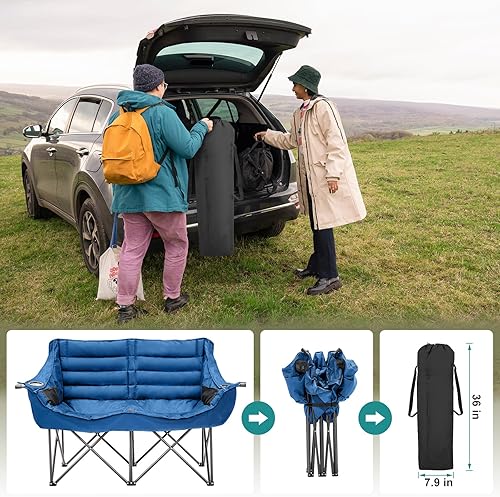 Miniatura 5 de Slsy Silla de camping doble de gran tamaño, silla de camping plegable para 2 personas, sofá biplaza, silla doble totalmente acolchada, silla de
