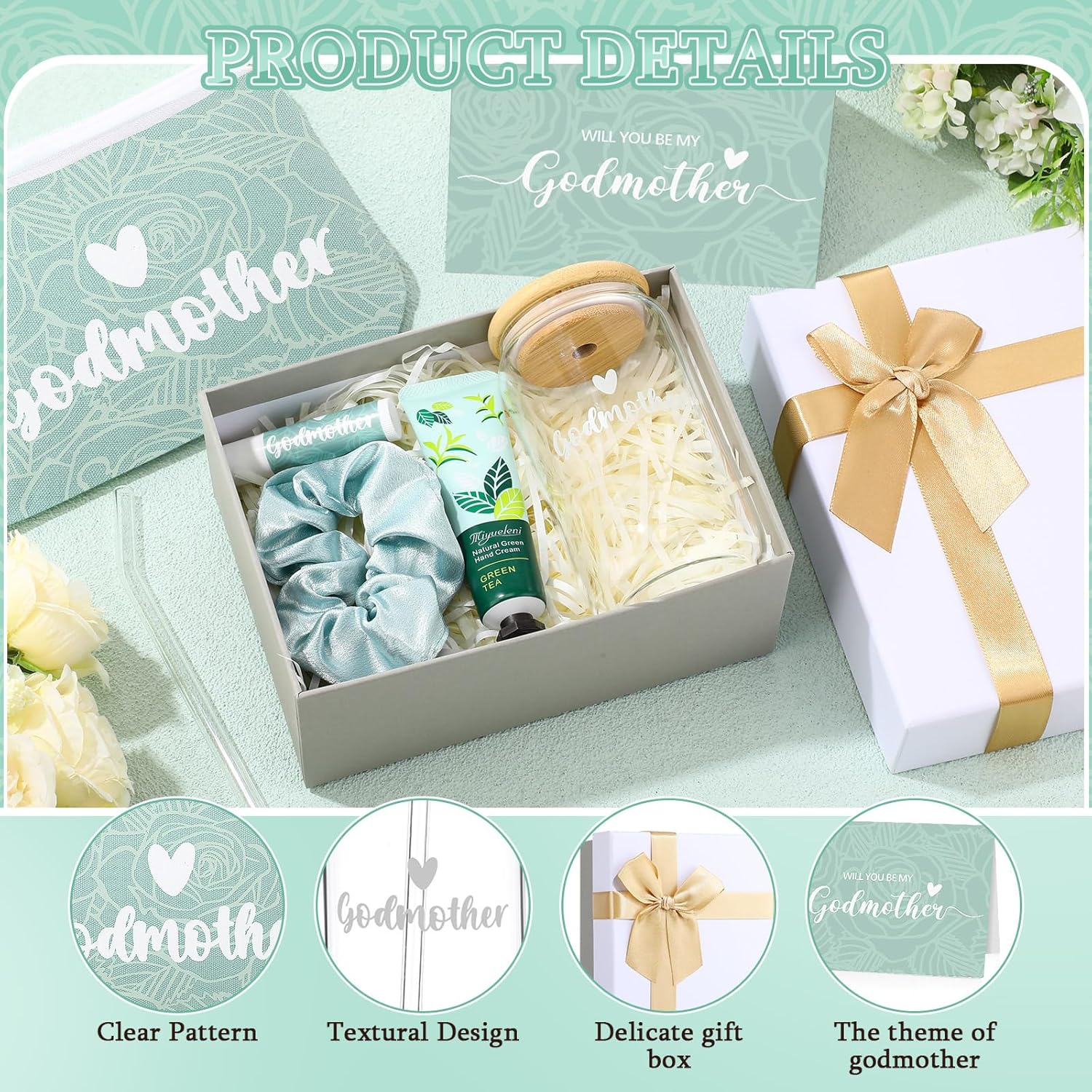8 Pcs Godmother Proposal Gift Set Will You Be My Godmother Glass Cup Lipstick Hand Cream Hair Tie Baptism Gift Box from Godchild for God Mother Auntie(Green) - Image 3