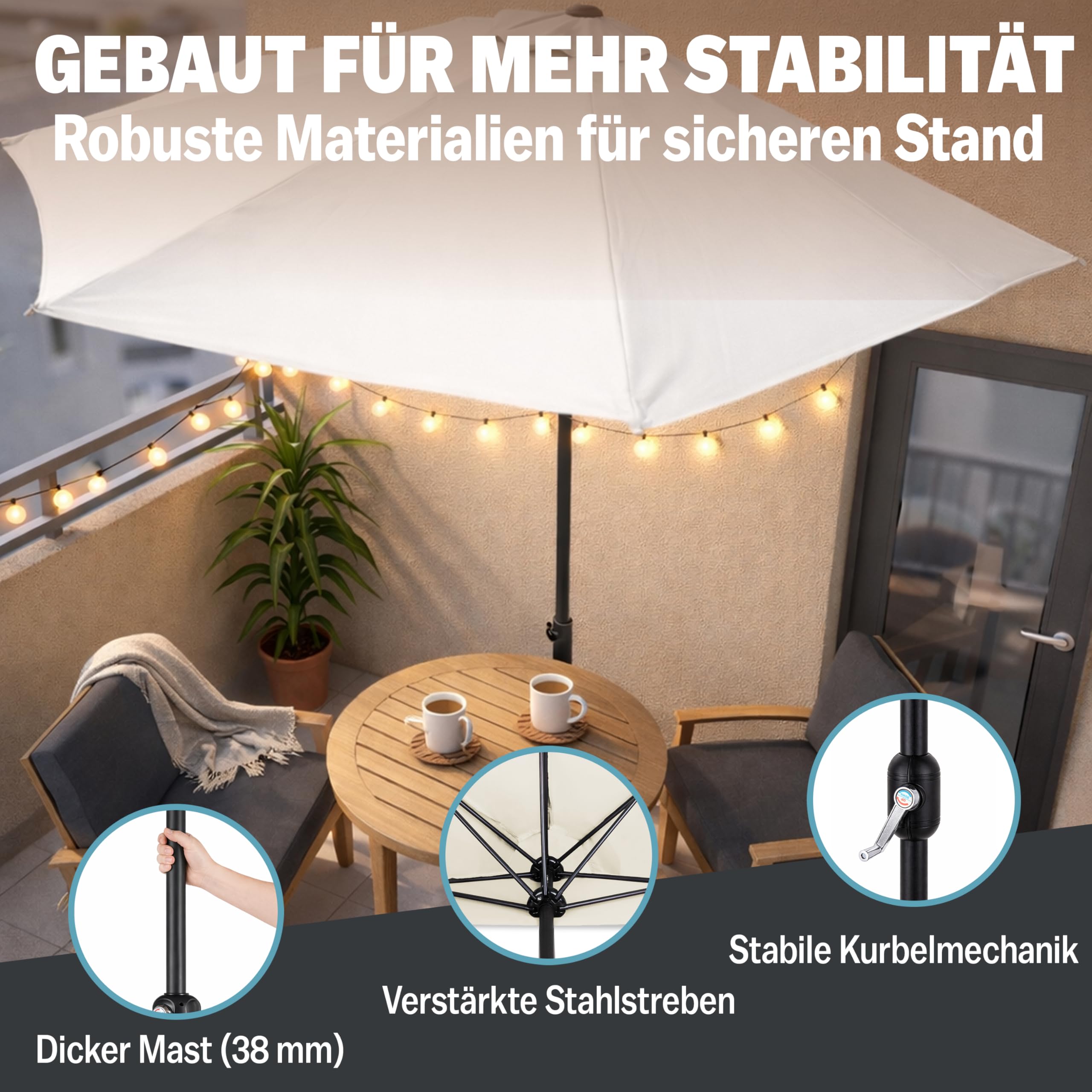 Kingsleeve® Demi-parasol Ø 270 cm crème Parasol de balcon terrasse avec manivelle Pare-soleil Protection solaire UV 50+