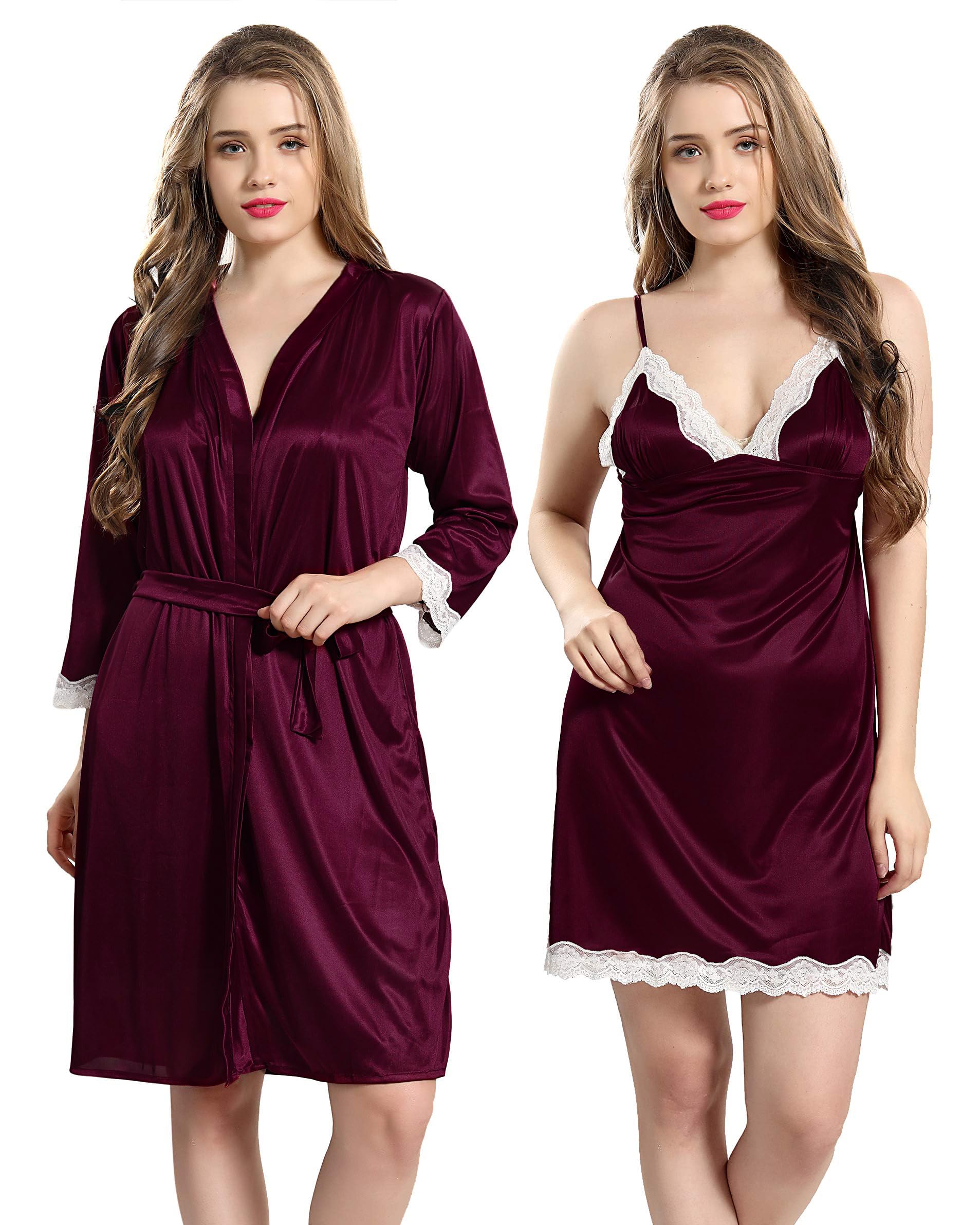 Nighty for Women Stylish - Satin Night Dress for Woman with Robe, 2 Piece Nighty Set with Lace Trim | Short Night Robe Knee Length Nightgown Sleepwear for Honeymoon
