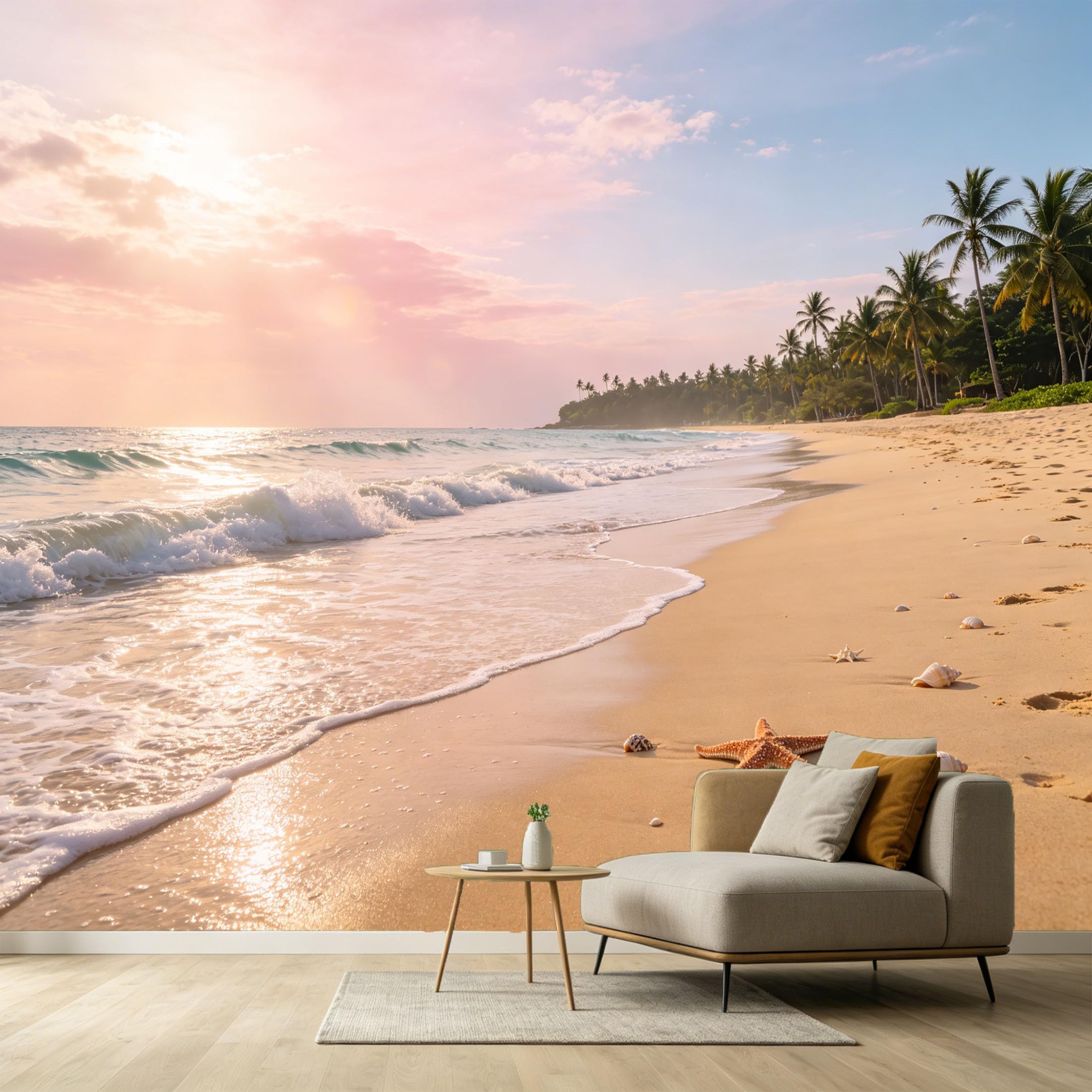 Custom Size Wall Murals Coastal Tropical Ocean Marine Sunset Beach Palm Trees Starfish Seashells SelfAdhesive Wall Fabric Removable Large Wallpaper for Photo Living Room