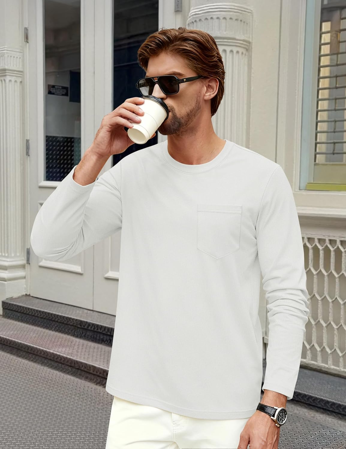 Cotrasen Men's Long Sleeve Shirts Cotton Crew Neck Pocket T Shirts Moisture Wicking Soft Comfort Casual Tee Shirts - Image 2