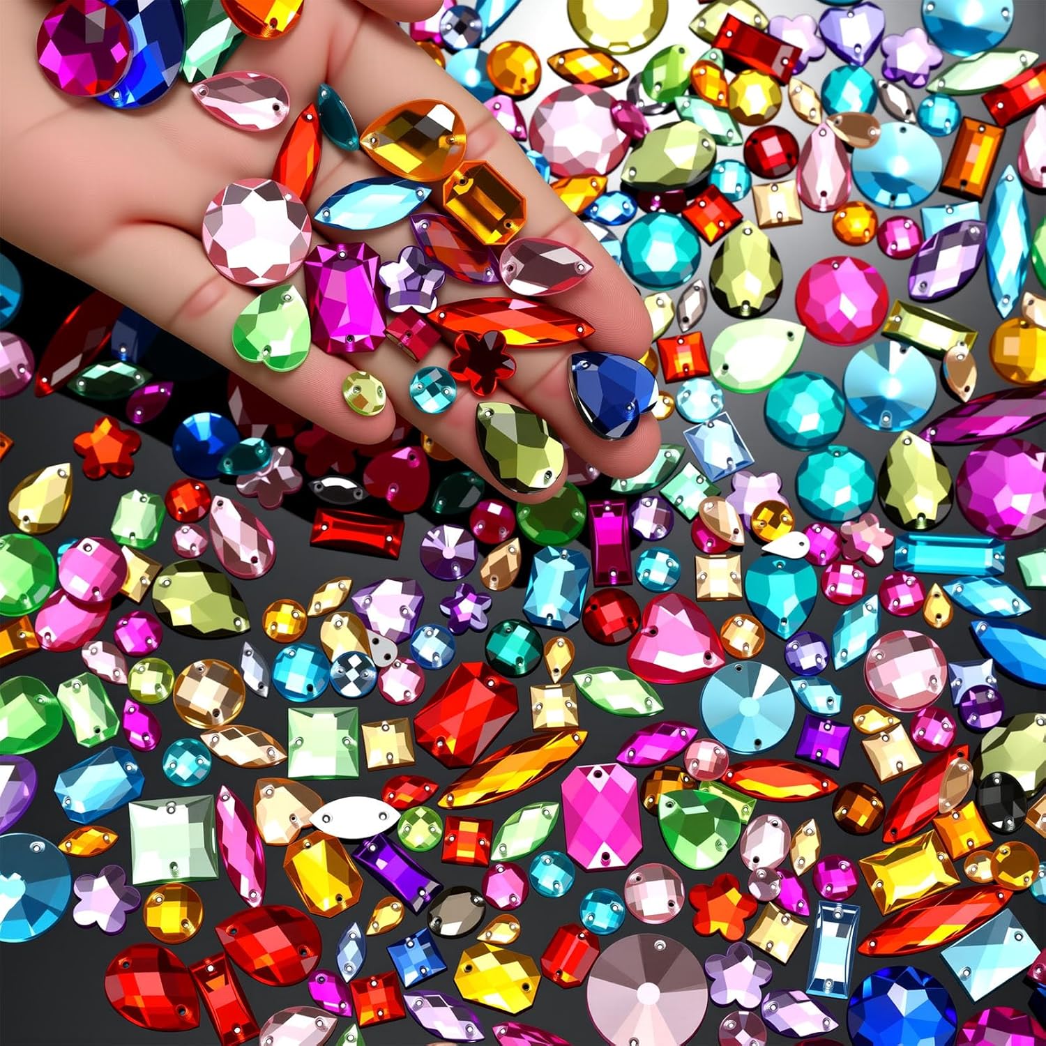 Chuangdi 500 Pcs Sew on Rhinestone Crystals Acrylic Gems with 2 Holes Mix Shape Mix Size for DIY Jewelry Crafts Clothes Shoes Costume Sewing Beads Decorations(Multicolor)