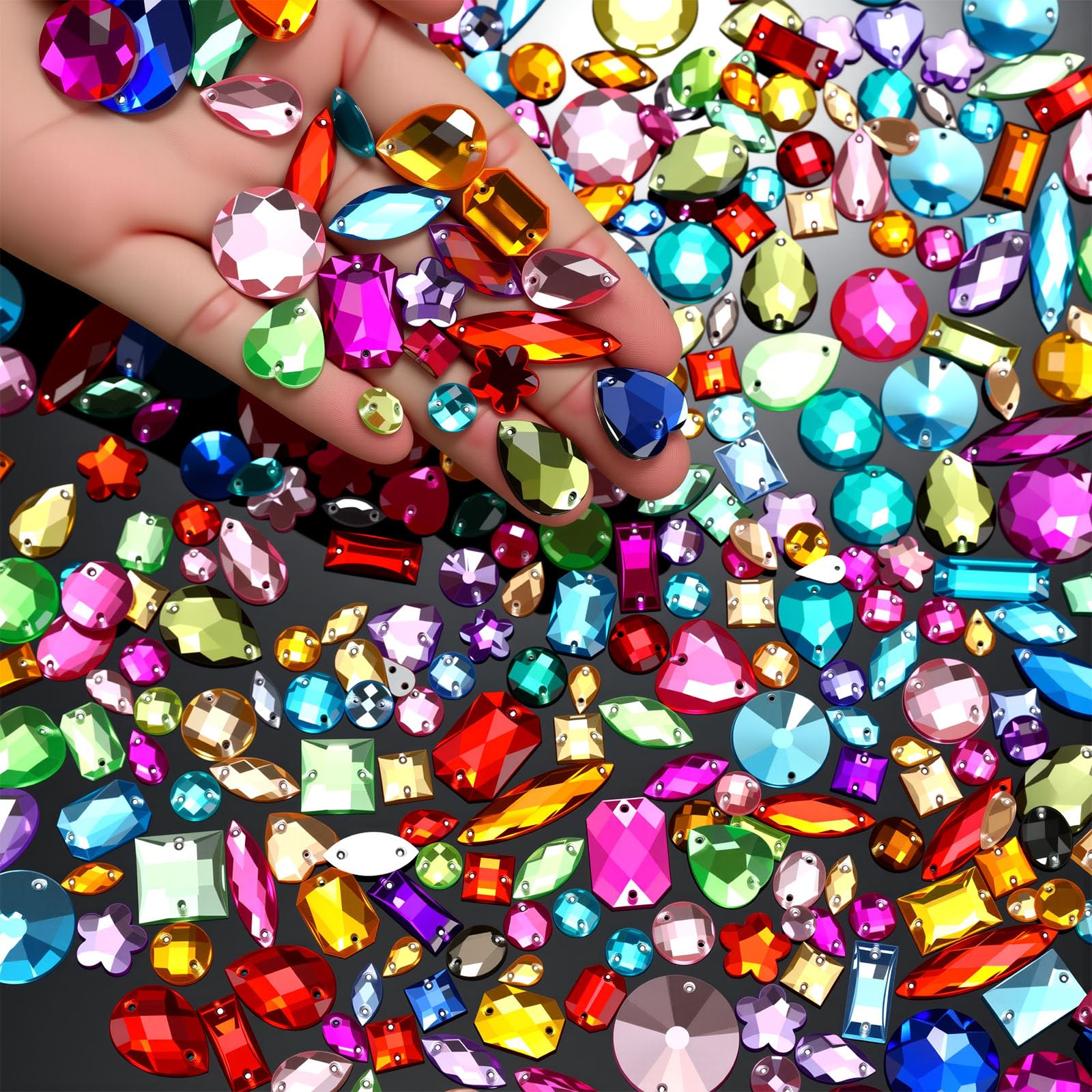 Chuangdi 500 Pcs Sew on Rhinestone Crystals Acrylic Gems with 2 Holes Mix Shape Mix Size for DIY Jewelry Crafts Clothes Shoes Costume Sewing Beads Decorations(Multicolor)