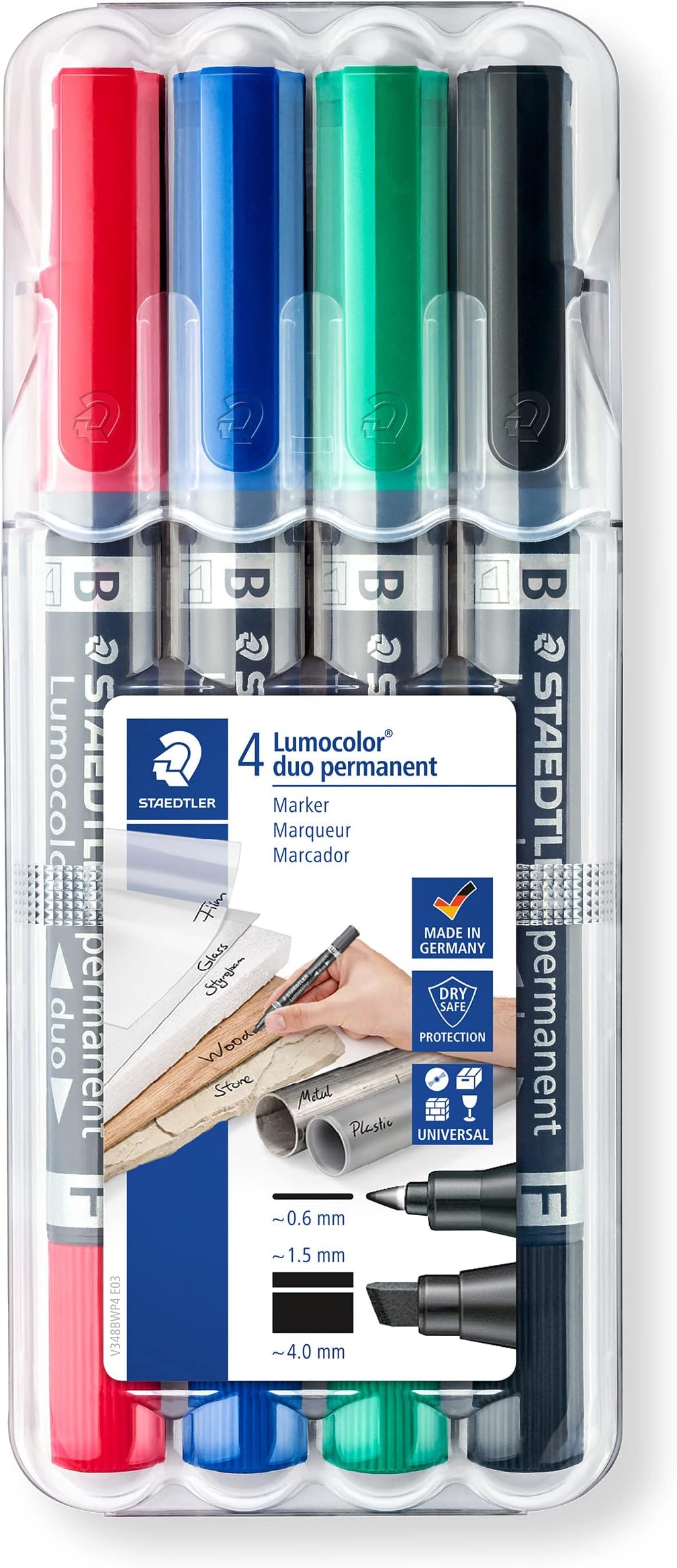 Staedtler 348 B WP4 Lumocolor Duo Permanent Marker, 0.6 mm and 1.5 mm or 4 mm Medium Chisel Tip, Pack of 4 in Prop-Up Box
