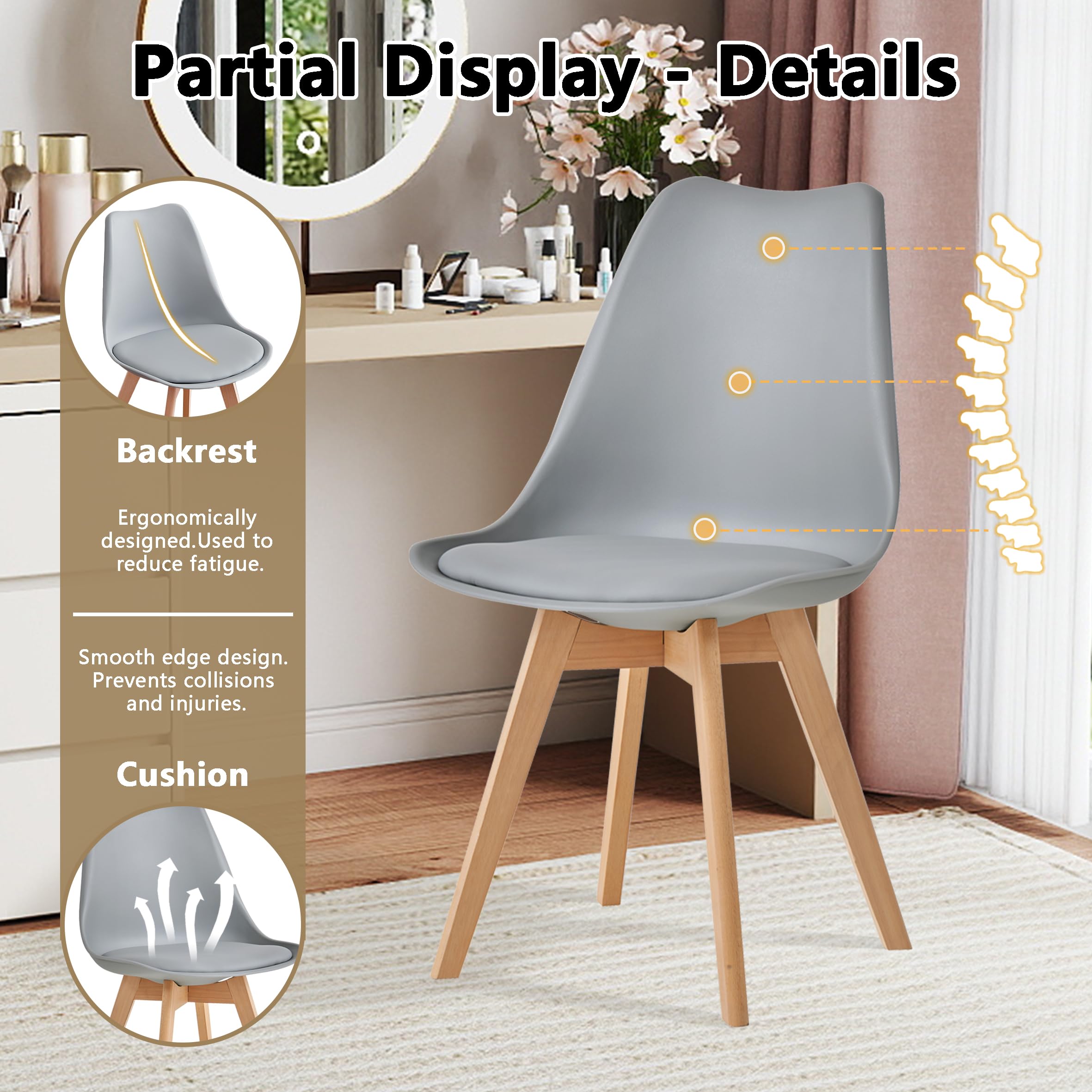 Juego de 6 Sillas de Comedor, Patas de Madera Maciza, Cojín de Silla Extraíble, Silla de Cocina, Silla Moderna (Gris-6)