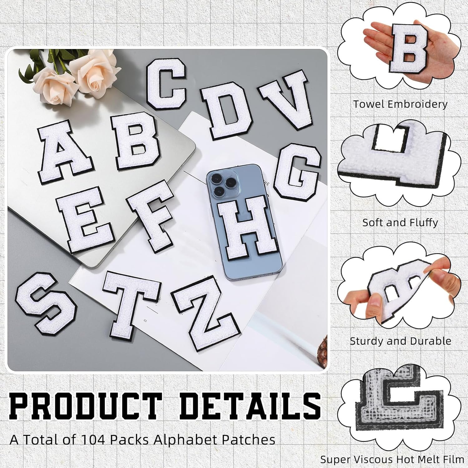WILLBOND 104 Pieces Iron On Letters Chenille Letter Patches 3.1inches A-Z Alphabet Patches for Clothing Preppy Sew Embroidered Repair Fabric Jacket Jeans Bag(White with Black Edges)