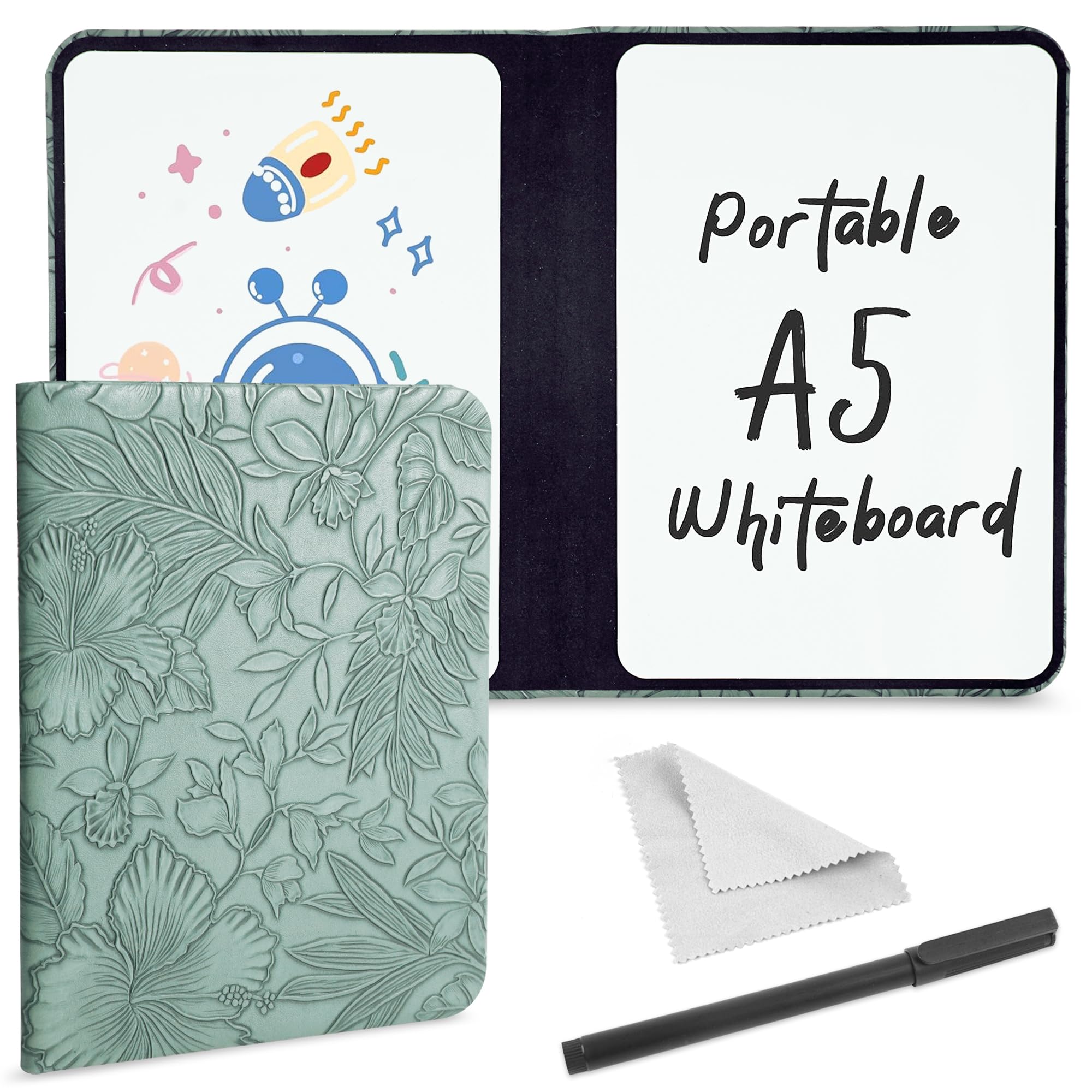 Mtzmy Portable Small White Board Dry Erase Board, Reusable 9.5 * 6.6in Notebook Memo, Office Home Supplies Desk Accessories(1-Carved Green)