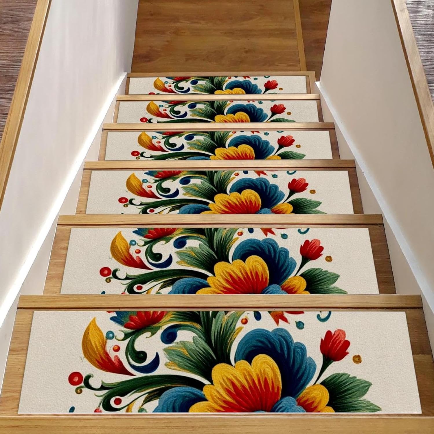 15 Pack Norwegian Rosemaling Folk Style Flower (37) Stair Treads,8" X 30" Non Slip Carpet Stair Treads Reusable Staircase Step Treads Carpet Treads for Wooden Steps Indoor
