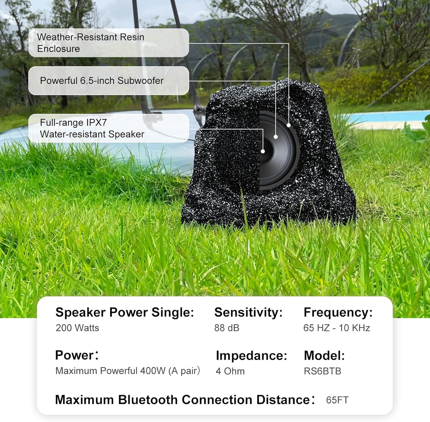 Diagram showing the internal components of the Herdio rock speaker and key specifications like power, sensitivity, frequency, impedance, and Bluetooth range.