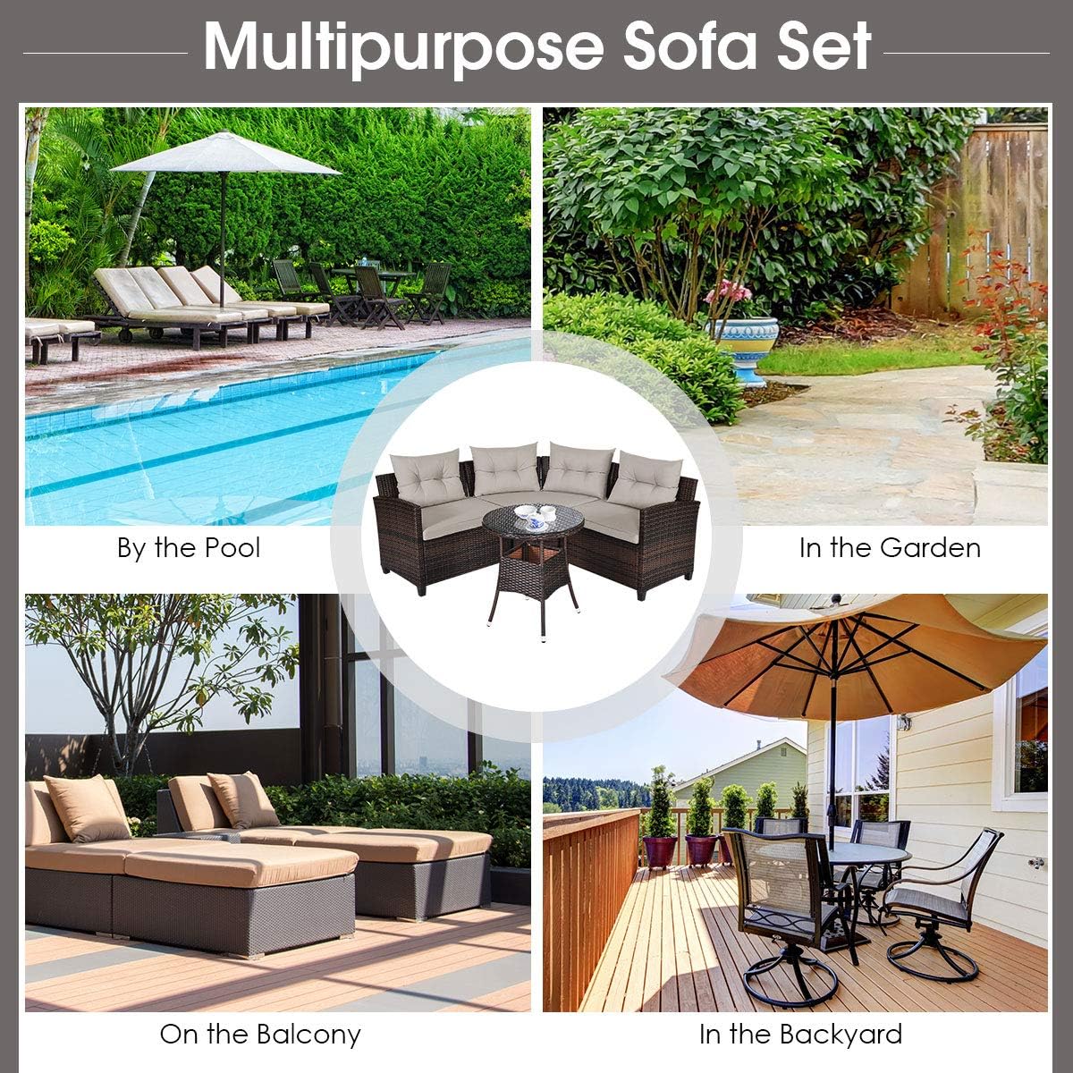 Four images showing the patio furniture set in different outdoor settings