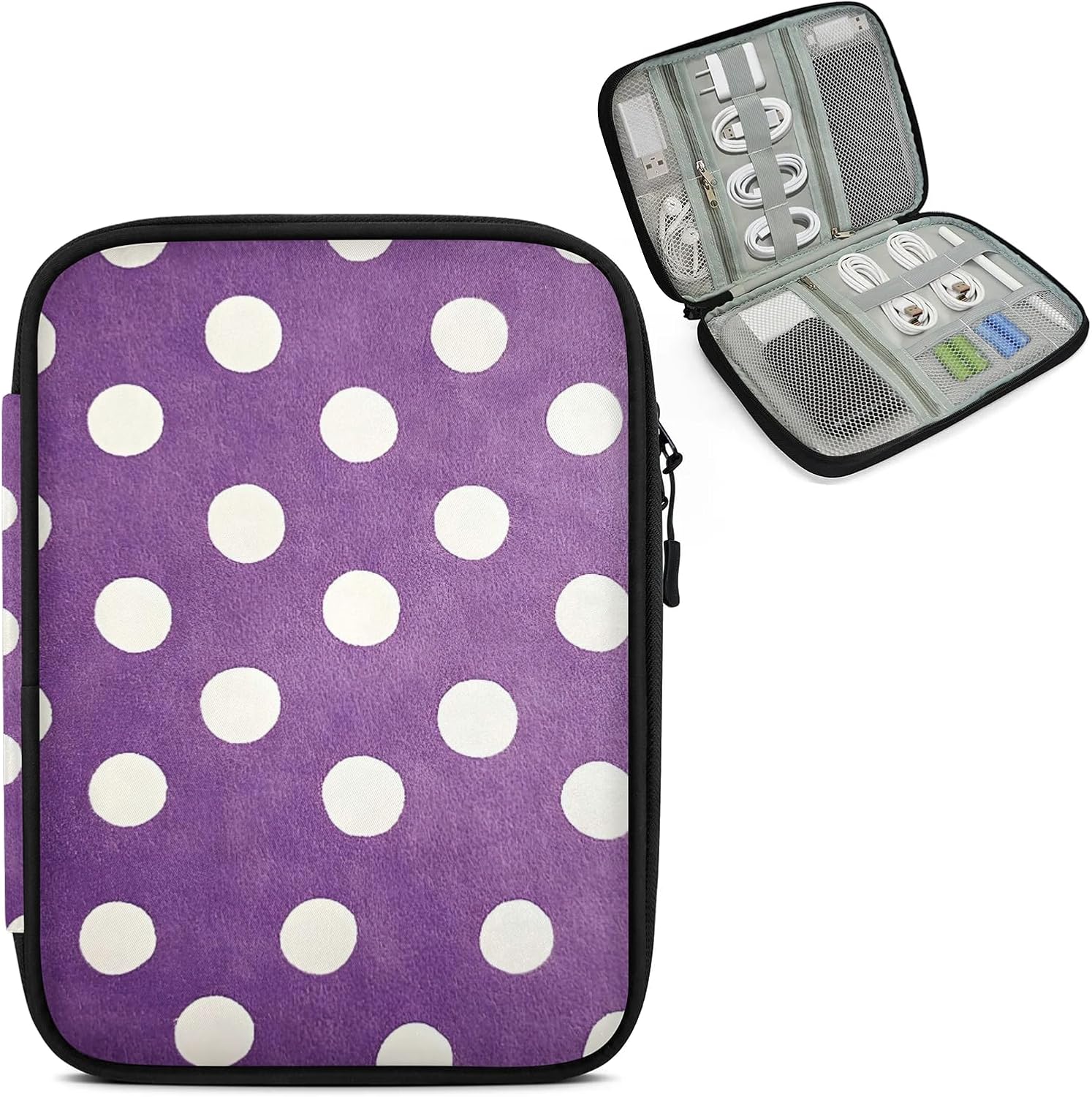 Polka Dot Travel Electronic Organizer Case, White Circle Slim Cable Management Bag for Game Console & Accessories, Portable Double Zipper Pouch with Mesh Pockets & Elastic Straps