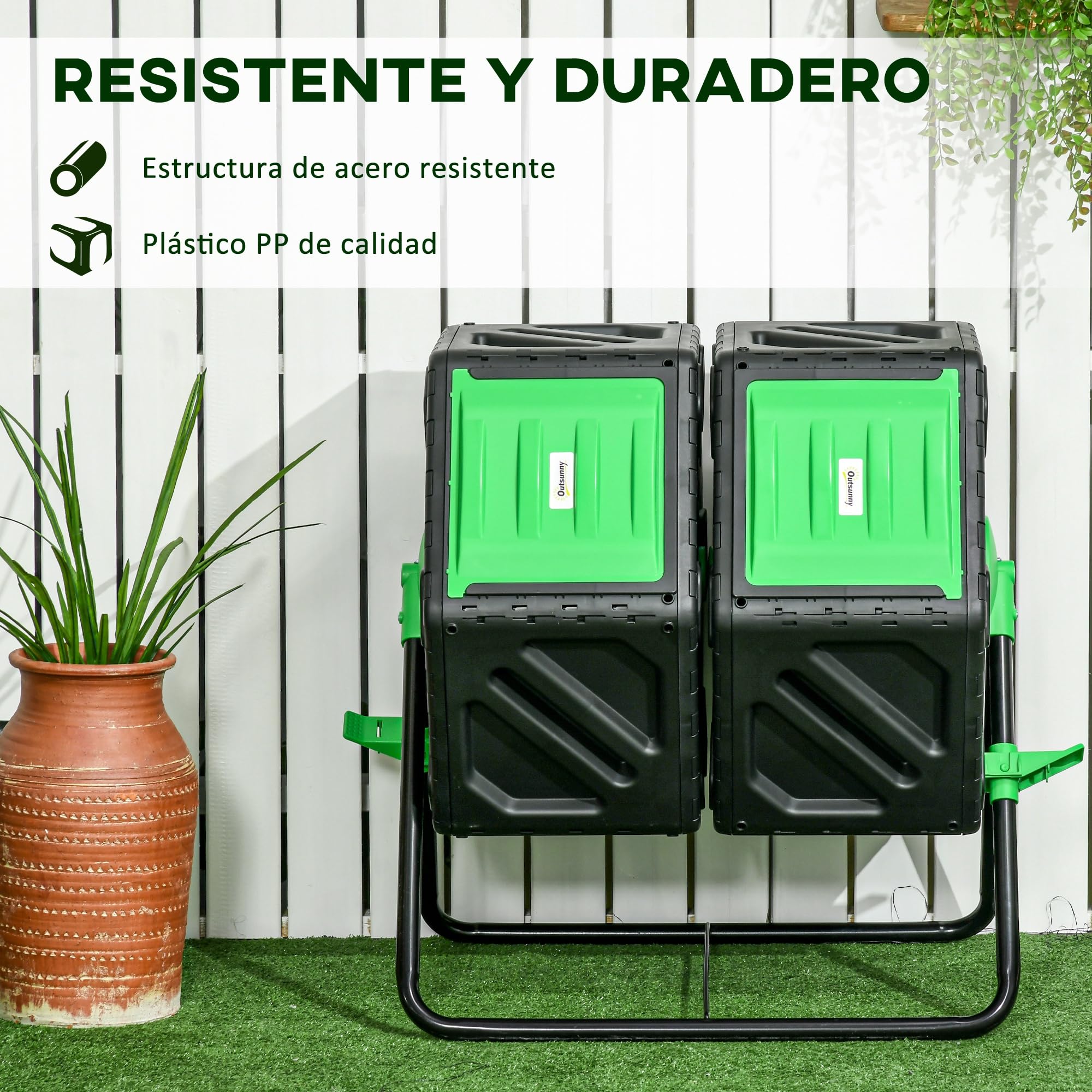 Outsunny Compostador Giratorio de 130L Contenedor de Compostaje de Jardín de Doble Cámara Compostadora con Aberturas de Ventilación y Patas de Acero 67x60x77 cm Negro