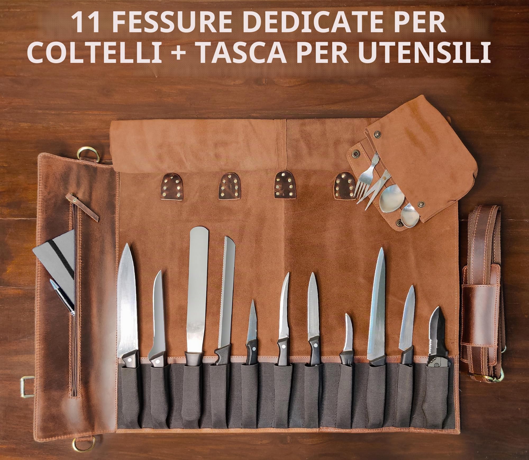 Rustic Town Rotolo multiuso per coltelli da chef in vera pelle