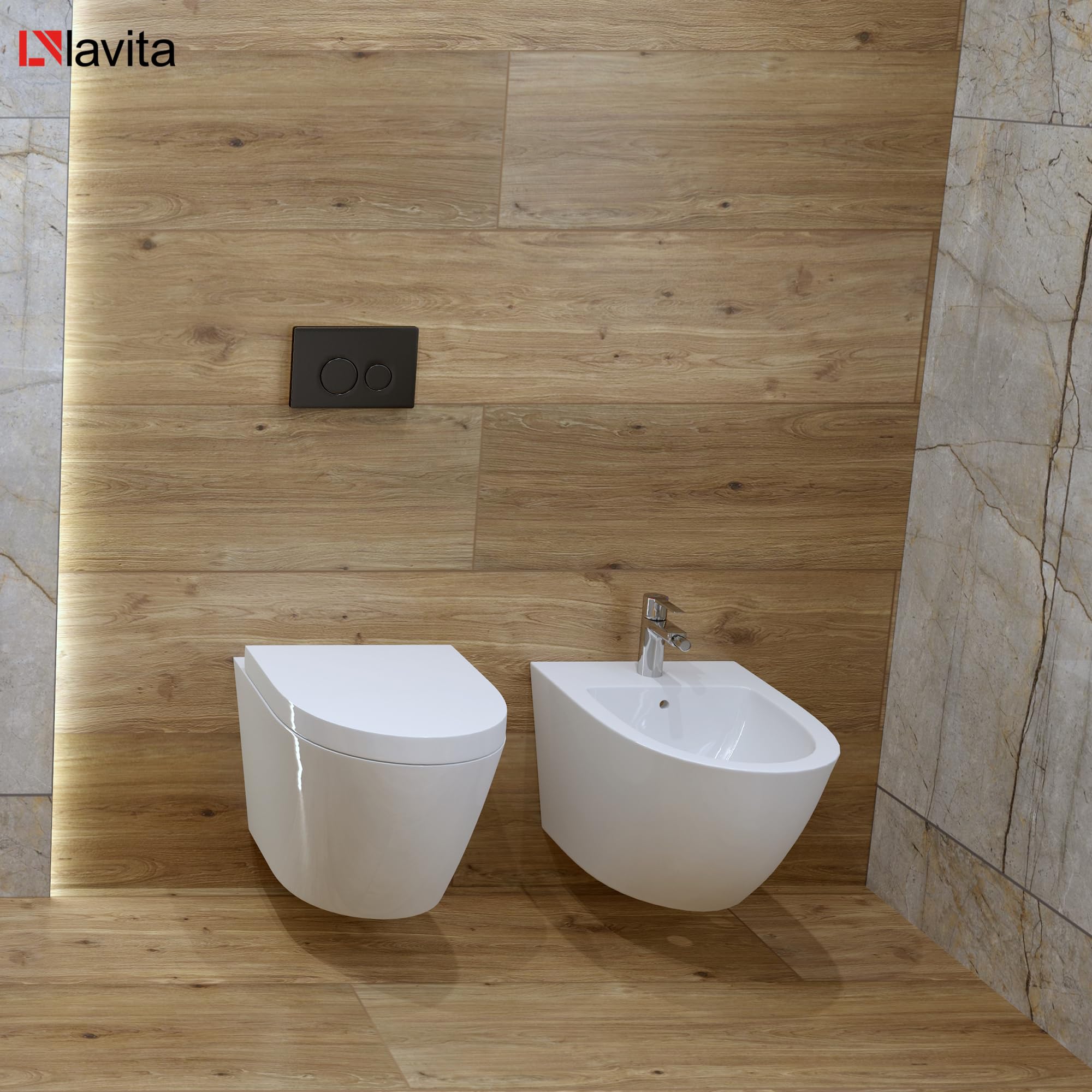 domino LAVITA SOGO WC da parete con abbassamento automatico e cerniere in metallo, senza bordi, da appendere, 365 x 490 x 395 mm, bianco lucido