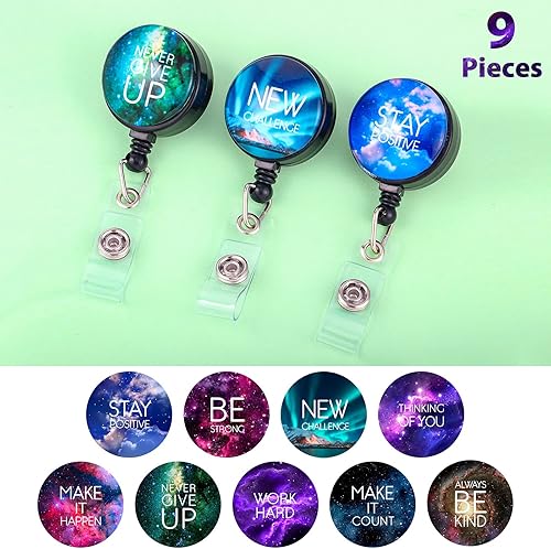 Miniatura 4 de Zonon Carrete retráctil de 9 piezas con clip de cocodrilo giratorio, cita de motivación, lindo clip retráctil para tarjetas de identificación,