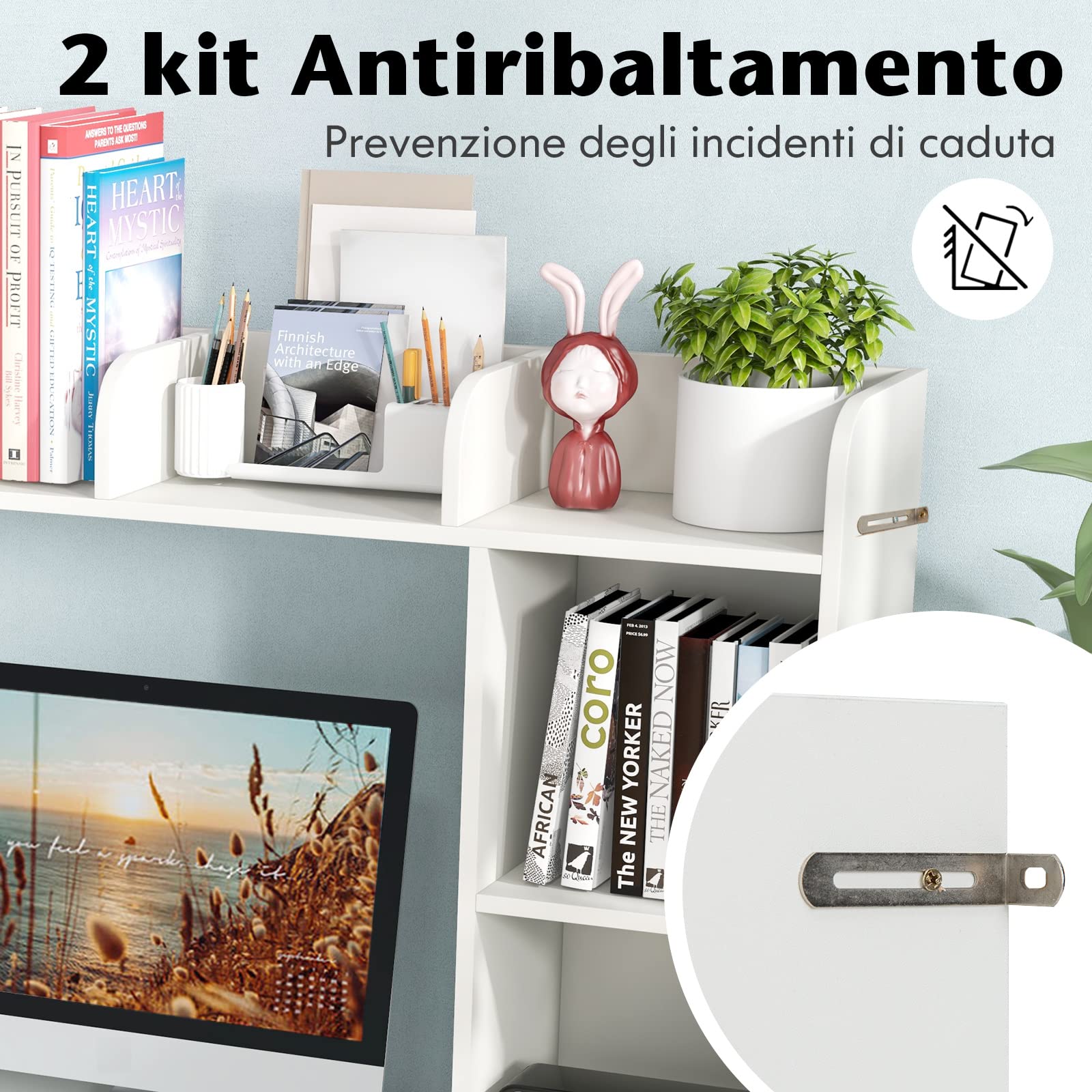 COSTWAY Scaffale da Scrivania in Legno, Libreria da Tavolo Salvaspazio con 4 Ripiani e Scomparto Aperto, Scaffale Espositivo per Computer, Casa Ufficio, 94x25x74 cm (Bianco)