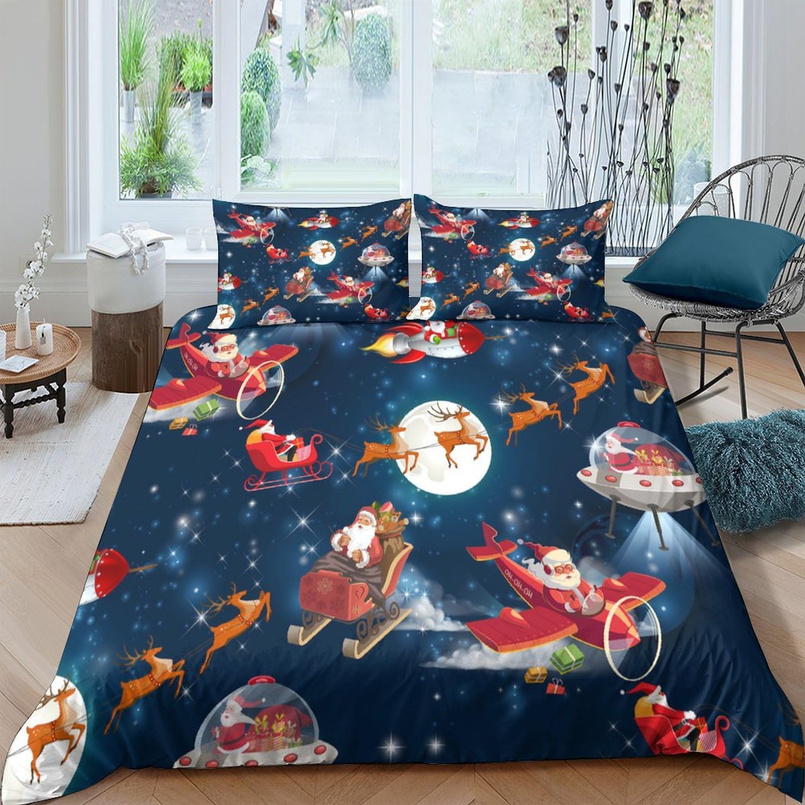 Ctjqhvkz Style-10 3D Printed Christmas Night Fitted Sheet Microfiber Santa Sleigh Bed Cover For Bedroom Guest Room Decor Protection Single（135X200cm）