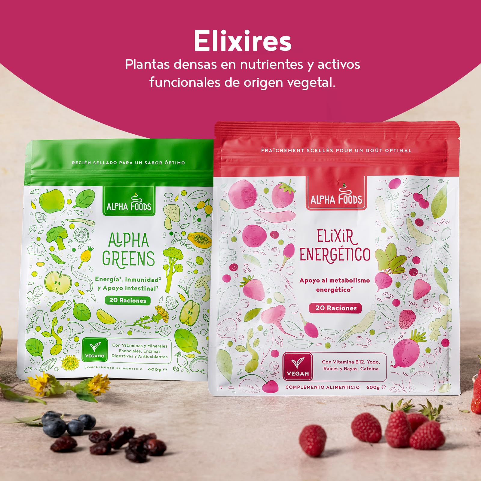 Elixir Energético | 600 Gramos | Superfood Smoothie Powder con raíces y bayas: Maca, Cúrcuma, Guaraná, Yerba Mate, Frambuesas, Açai, Bayas de Goji | Alternativa al Café | Alpha Foods