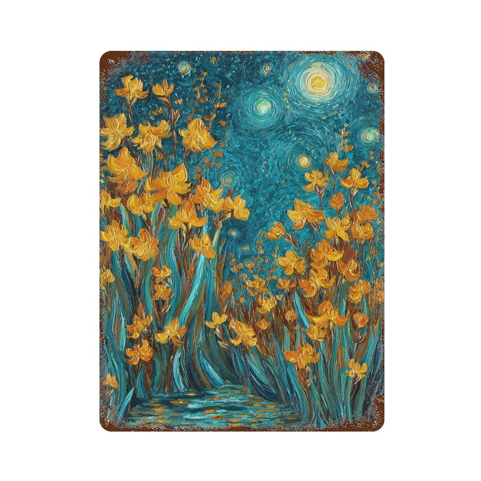 Starry Night Iris Garden -2 Aged Metal Wall Plaque 15.7"x11.8", Classic Wall Plaque for Garage, Pub Or Kitchen