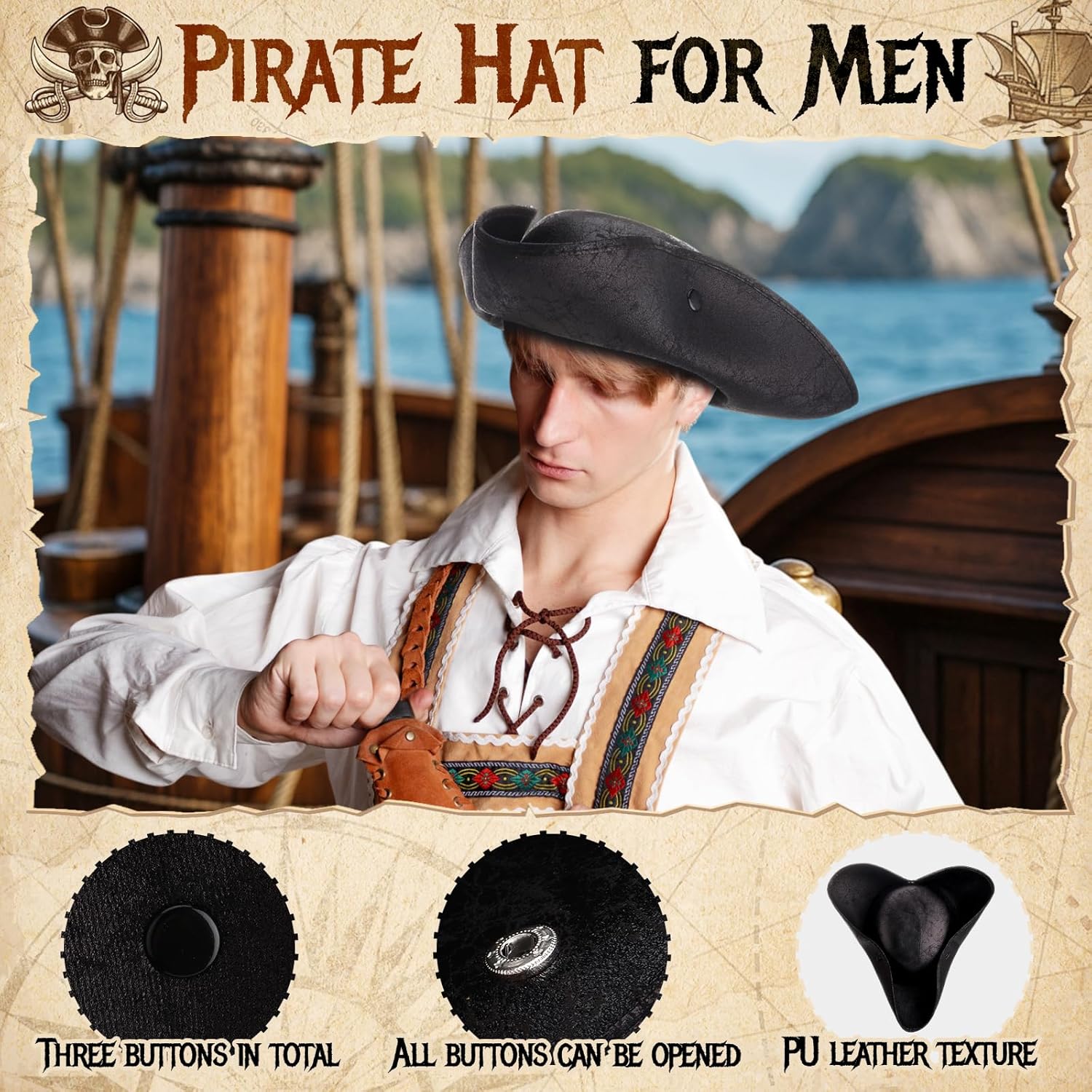 Pirate Hat Pirate Costume Accessories Leather Tricorn Hat Necklace Eye Patch Mardi Gras Party Men Women Distressed - Image 4
