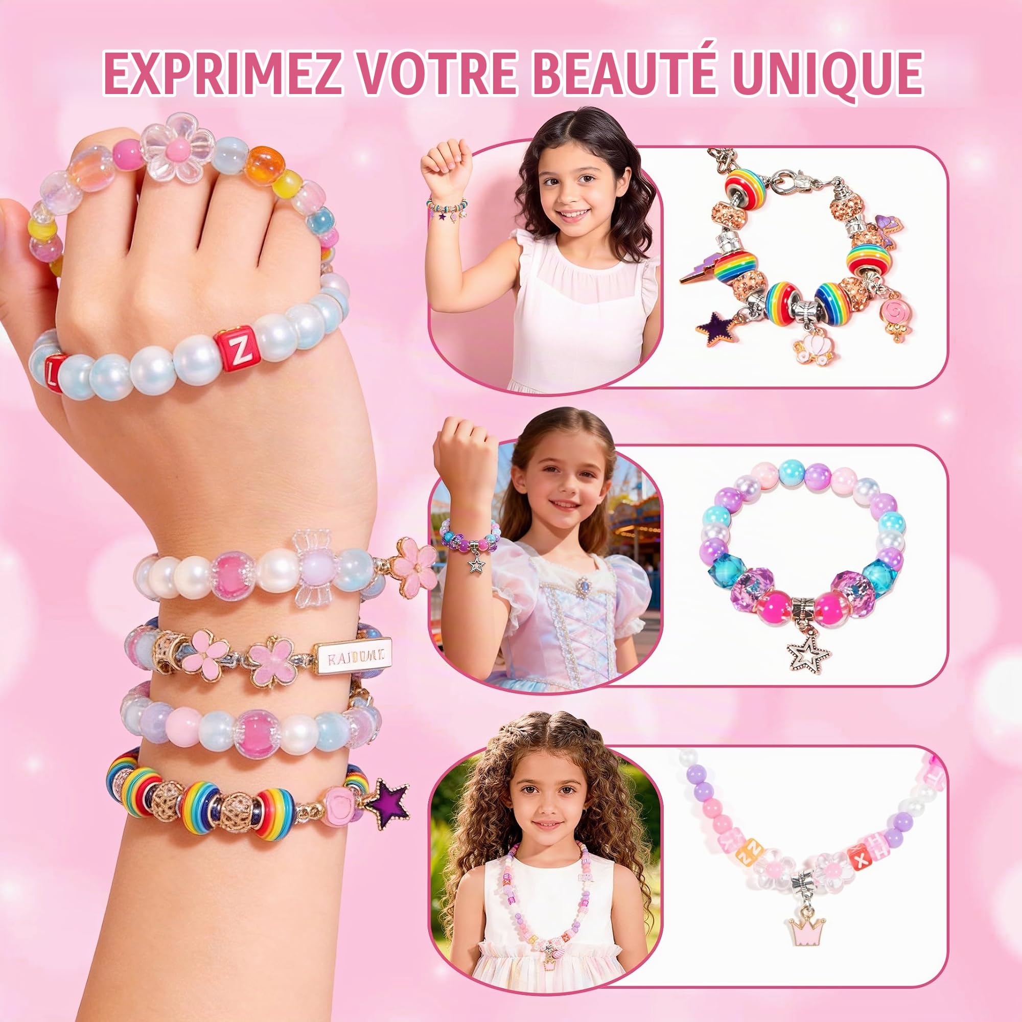 WOANZZ Kit Fabrication Bijoux Fille - Coffret Création Bracelet Breloque & Collier avec Perles, Boîte de Rangement avec Miroir, Jeu Créatif Activité Manuelle, Cadeau Fille 4 à 12 Ans, Rose