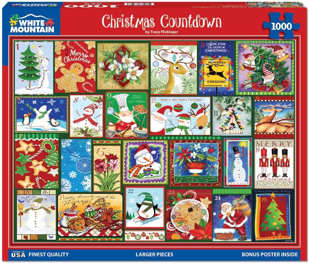 White Mountain 1000 Piece Jigsaw Puzzle Winter Christmas Holiday Puzzles for Adults and Teens 24"x30" Large Pieces - Christmas Countdown