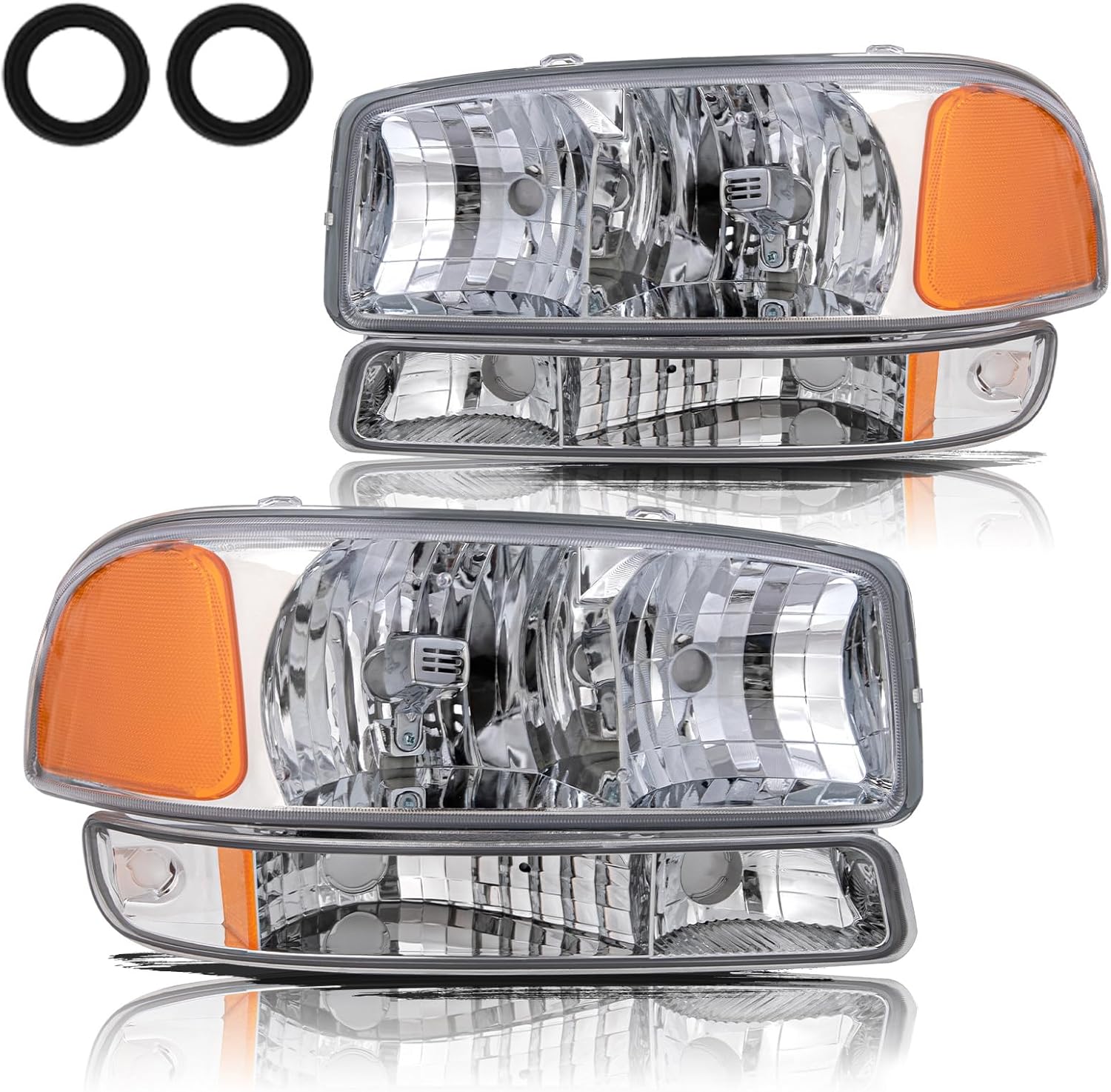 Aosky 4 PCS Headlight Assembly Fits 1999-2006 GMC Sierra 1500 2500 3500/00-06 GMC Yukon XL Halogen Pair Set Chrome Housing & Amber Reflector NOT FIT Denali Model