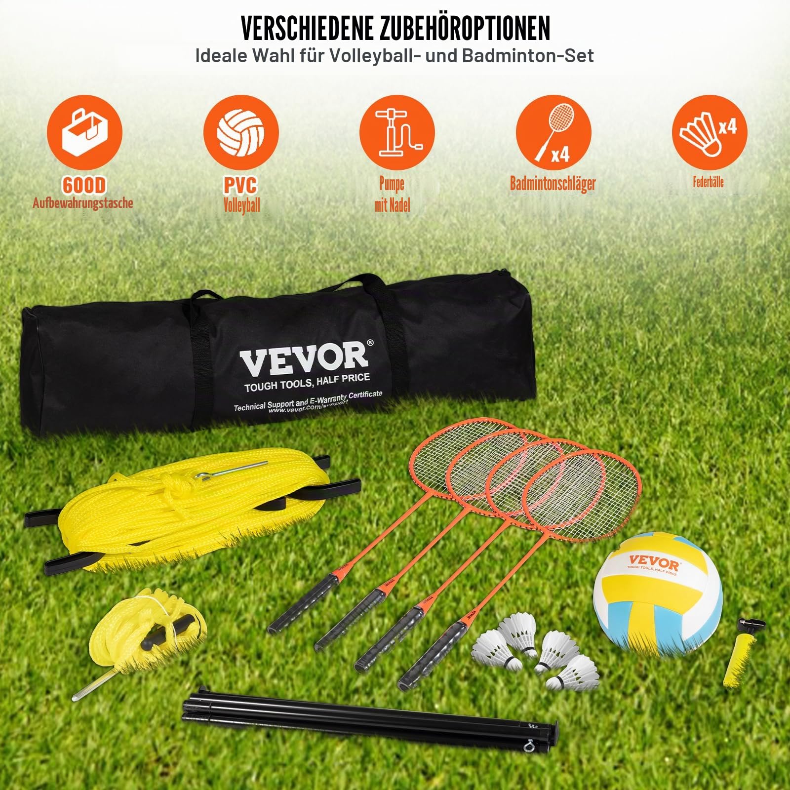 VEVOR Volleyballnetz Höhenverstellbares Badmintonnetz, 91,44 x 970 cm Tragbarer Beachvolleyball-Netz, Orange Volleyballnetz Faltbare Volleyballnetz mit Volleyball & Tragetasche & Badmintonschläger