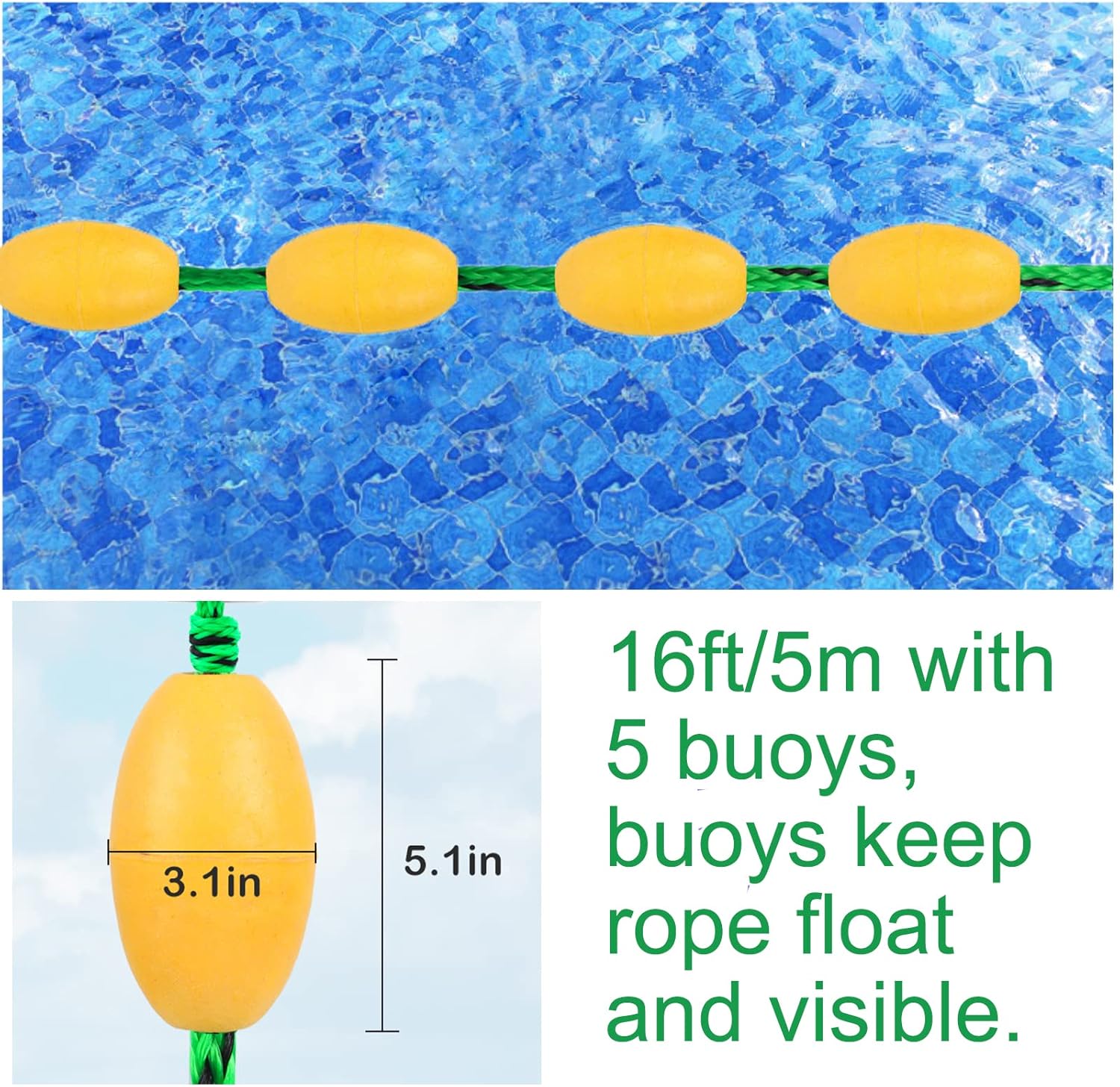 16ft / 5M Swimming Pool Safety Divider Rope Swimming Pool Lane Line Safety Fence with 8 Floating Buoys and 2 Clips,Strong Buoyancy,Green&Black