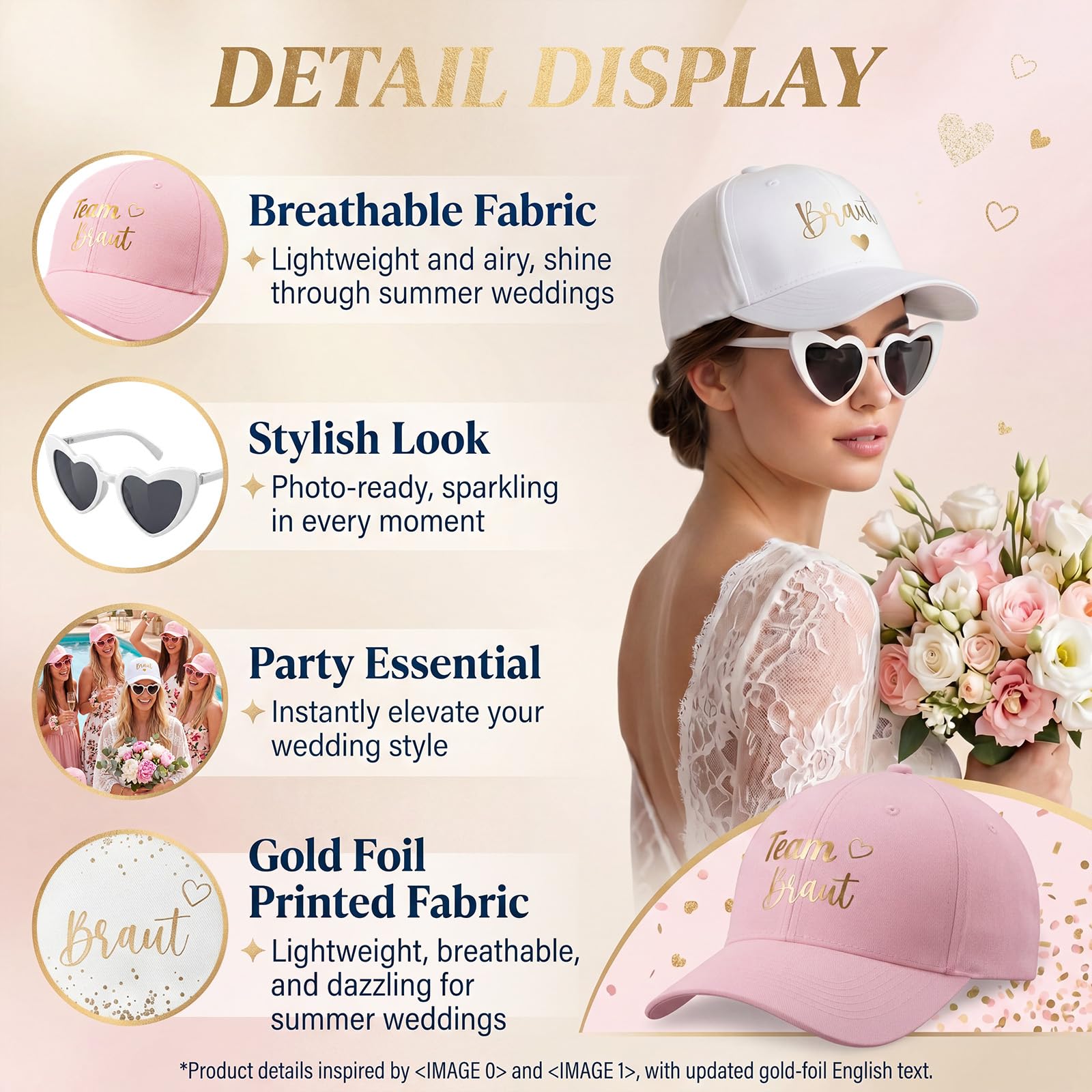 BBTO 16 Pièces Sets d'Accessoires pour Enterrement de Vie de Jeune Fille | 7 Casquettes Roses Team Braut & 1 Casquette Blanche Braut 8 Lunettes de Soleil de Fête Fête Prénuptiale Mariage Photo